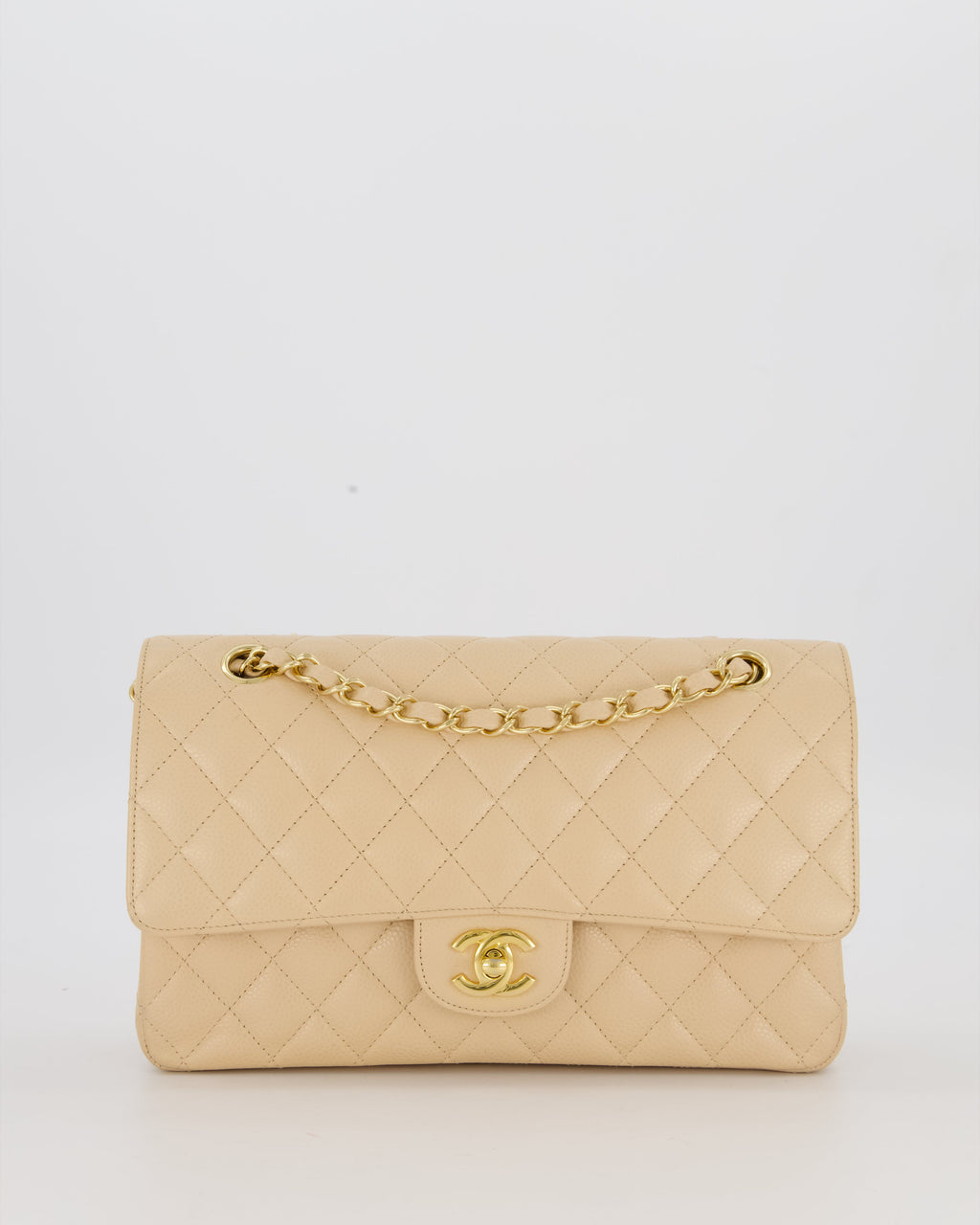 Chanel Medium Classic Double Flap Bag in Beige Clair Caviar Leather with Gold Hardware