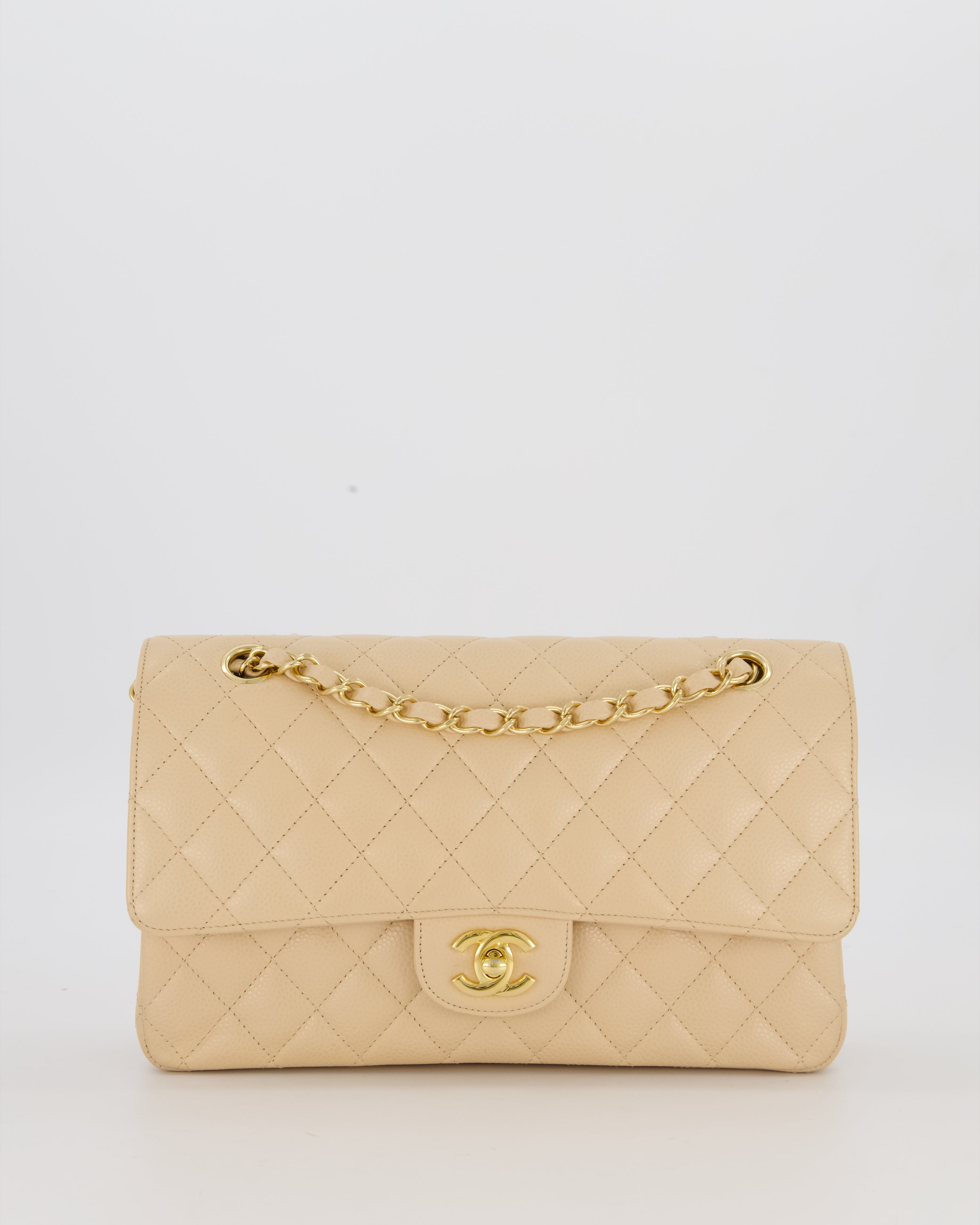 Chanel Medium Classic Double Flap Bag in Beige Clair Caviar Leather with Gold Hardware