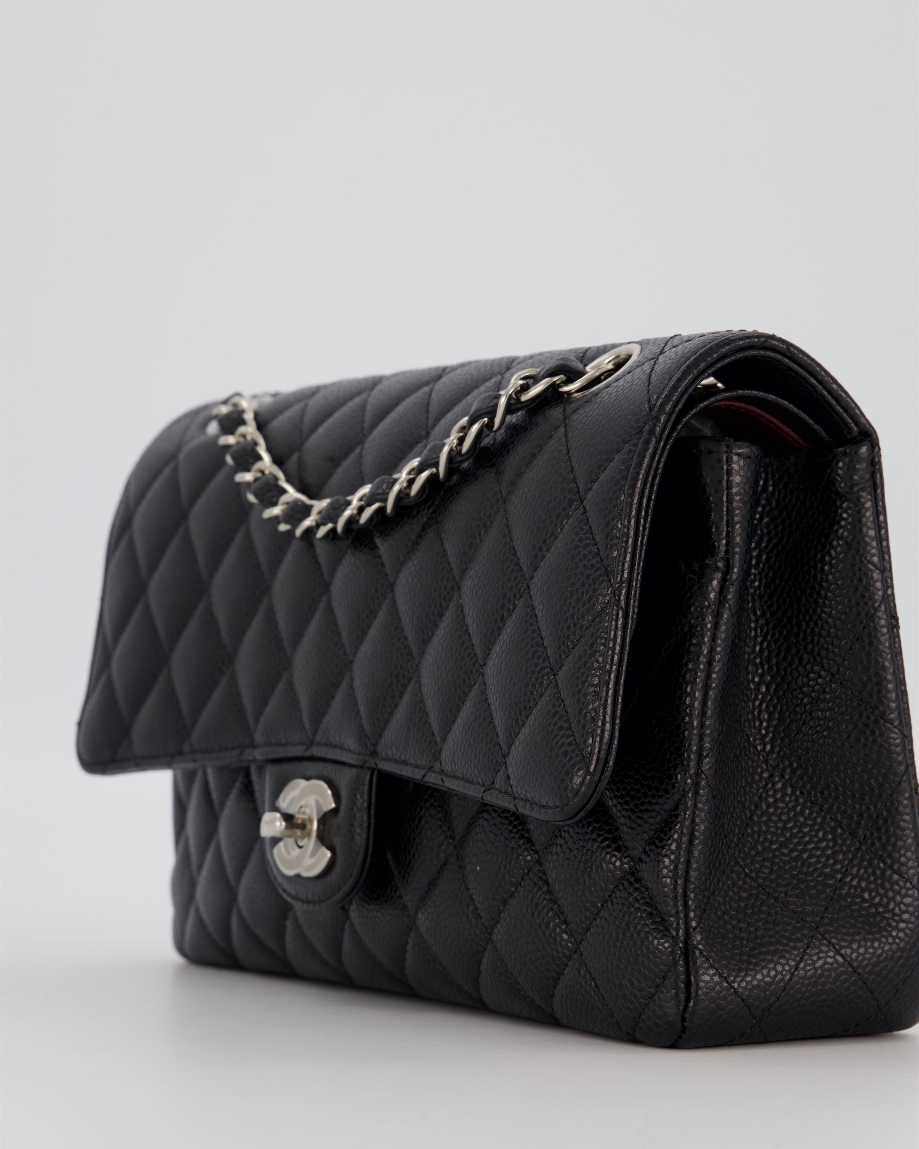 Chanel Black Classic Medium Double Flap Bag in Caviar Leather with Silver Hardware