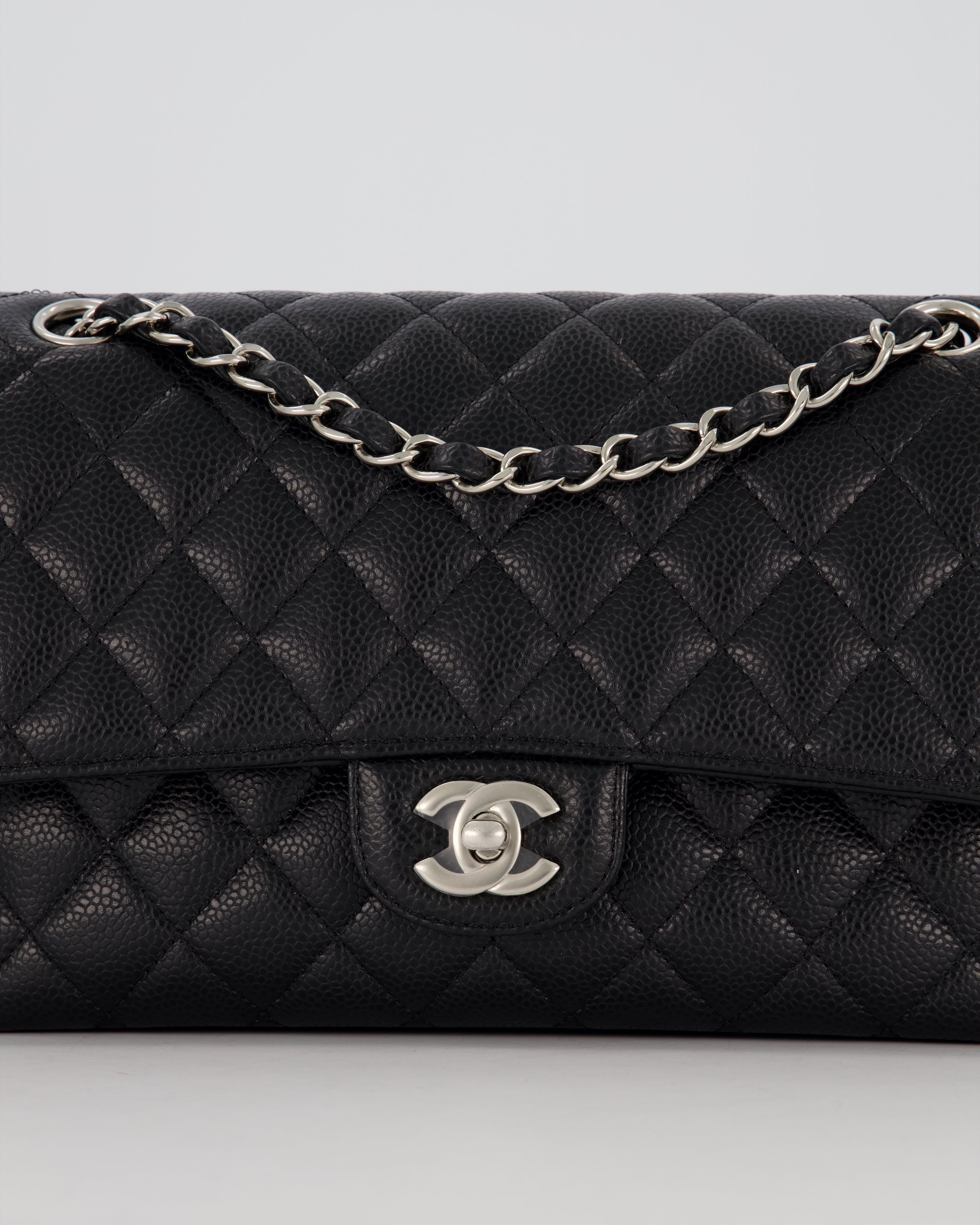 Chanel Black Classic Medium Double Flap Bag in Caviar Leather with Silver Hardware