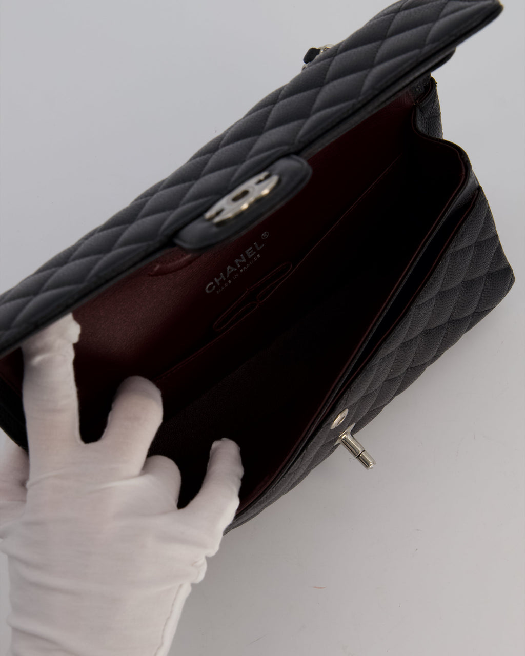 Chanel Black Classic Medium Double Flap Bag in Caviar Leather with Silver Hardware