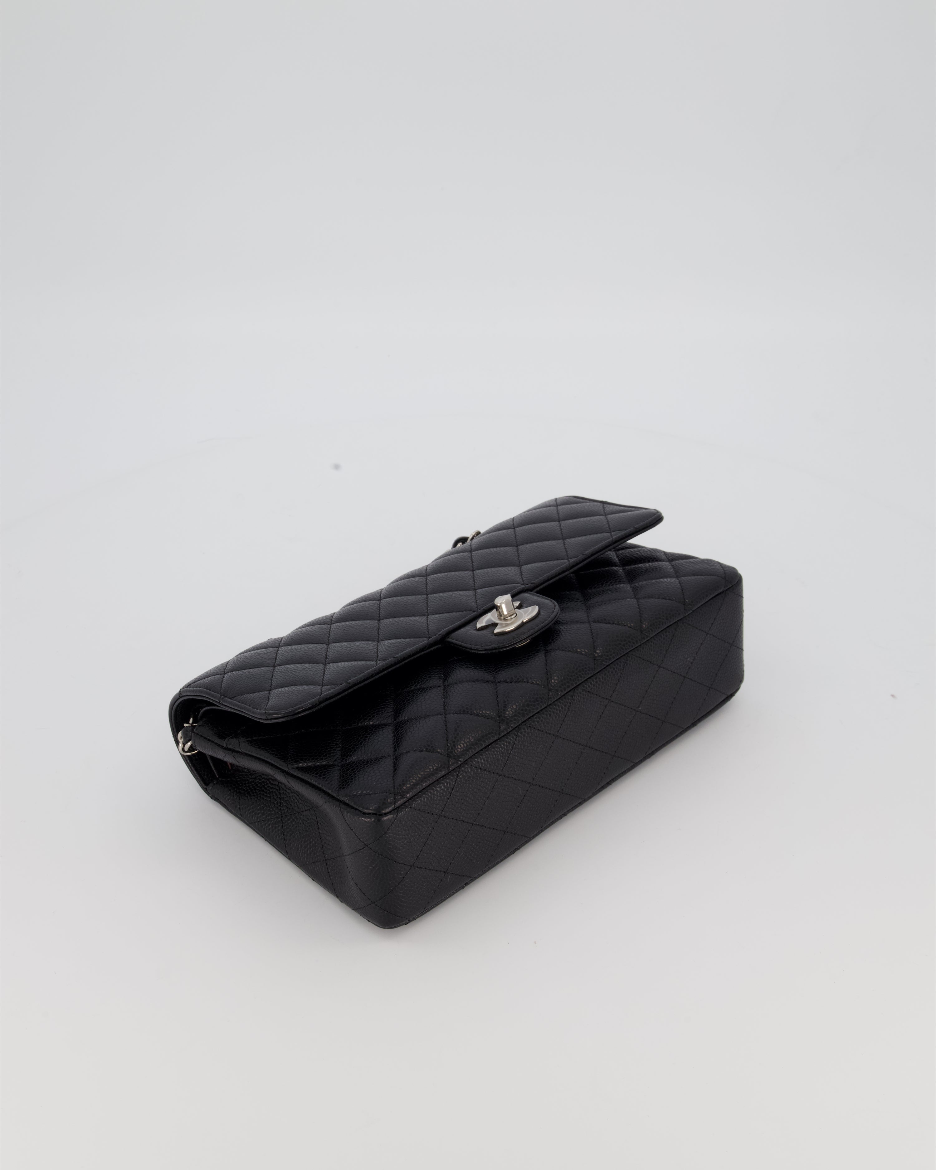 Chanel Black Classic Medium Double Flap Bag in Caviar Leather with Silver Hardware