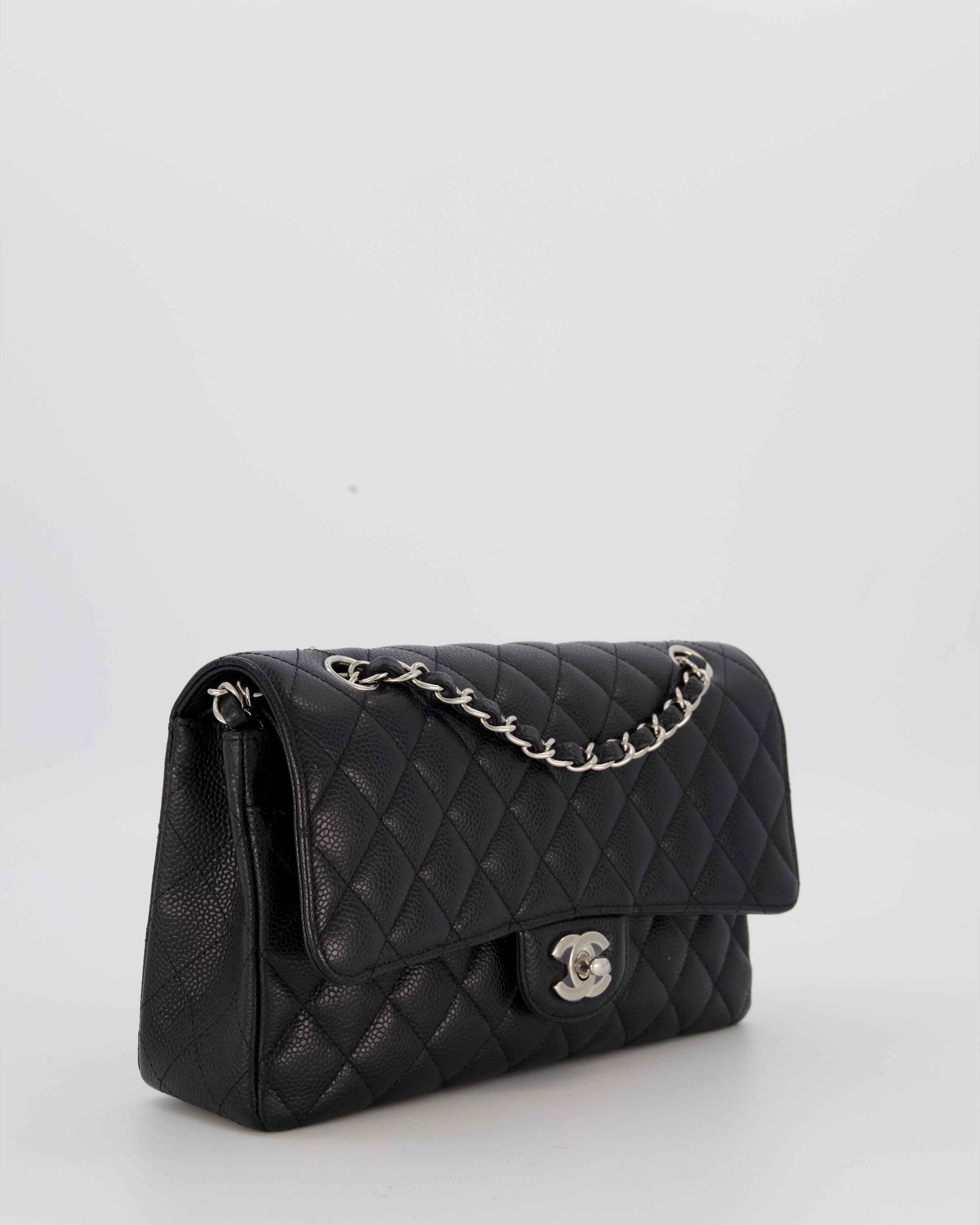 Chanel Black Classic Medium Double Flap Bag in Caviar Leather with Silver Hardware
