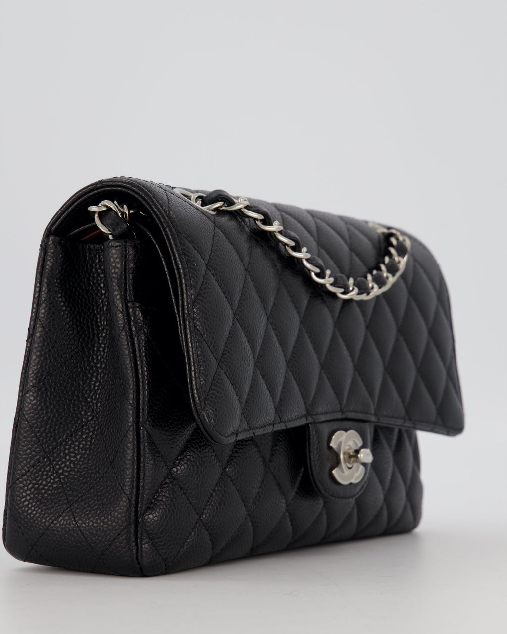 Chanel Black Classic Medium Double Flap Bag in Caviar Leather with Silver Hardware