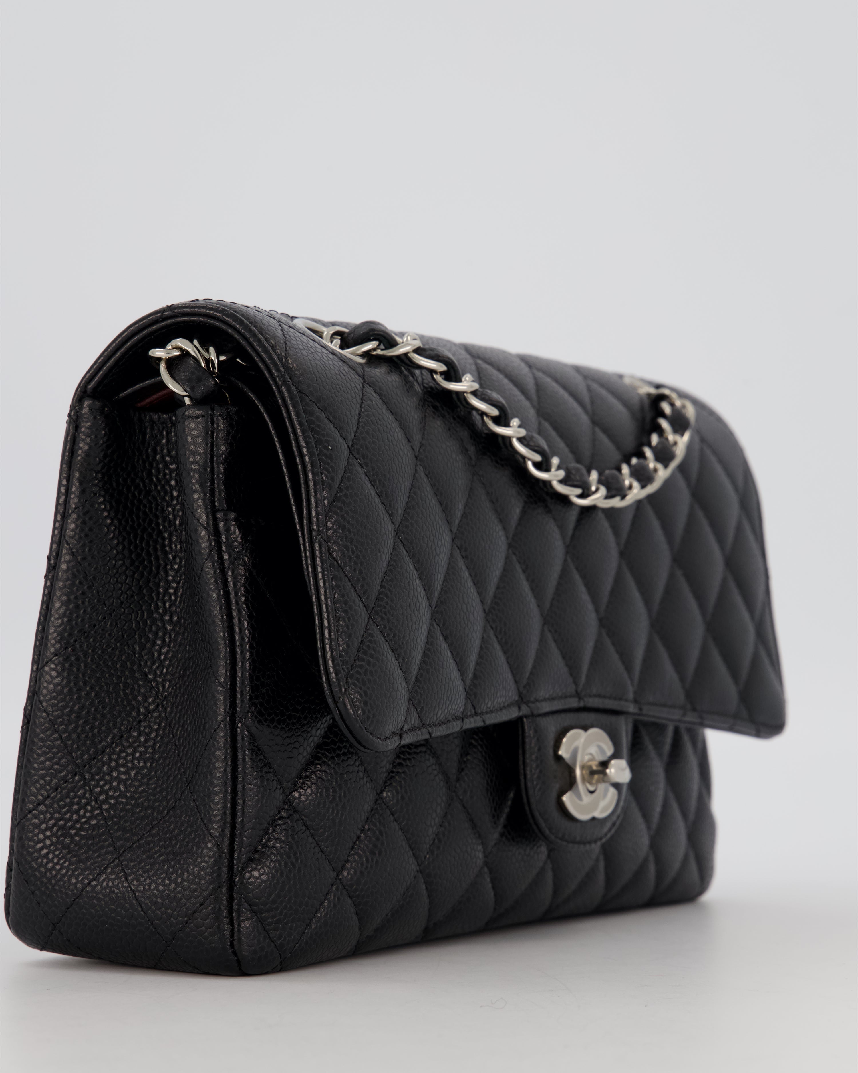 Chanel Black Classic Medium Double Flap Bag in Caviar Leather with Silver Hardware