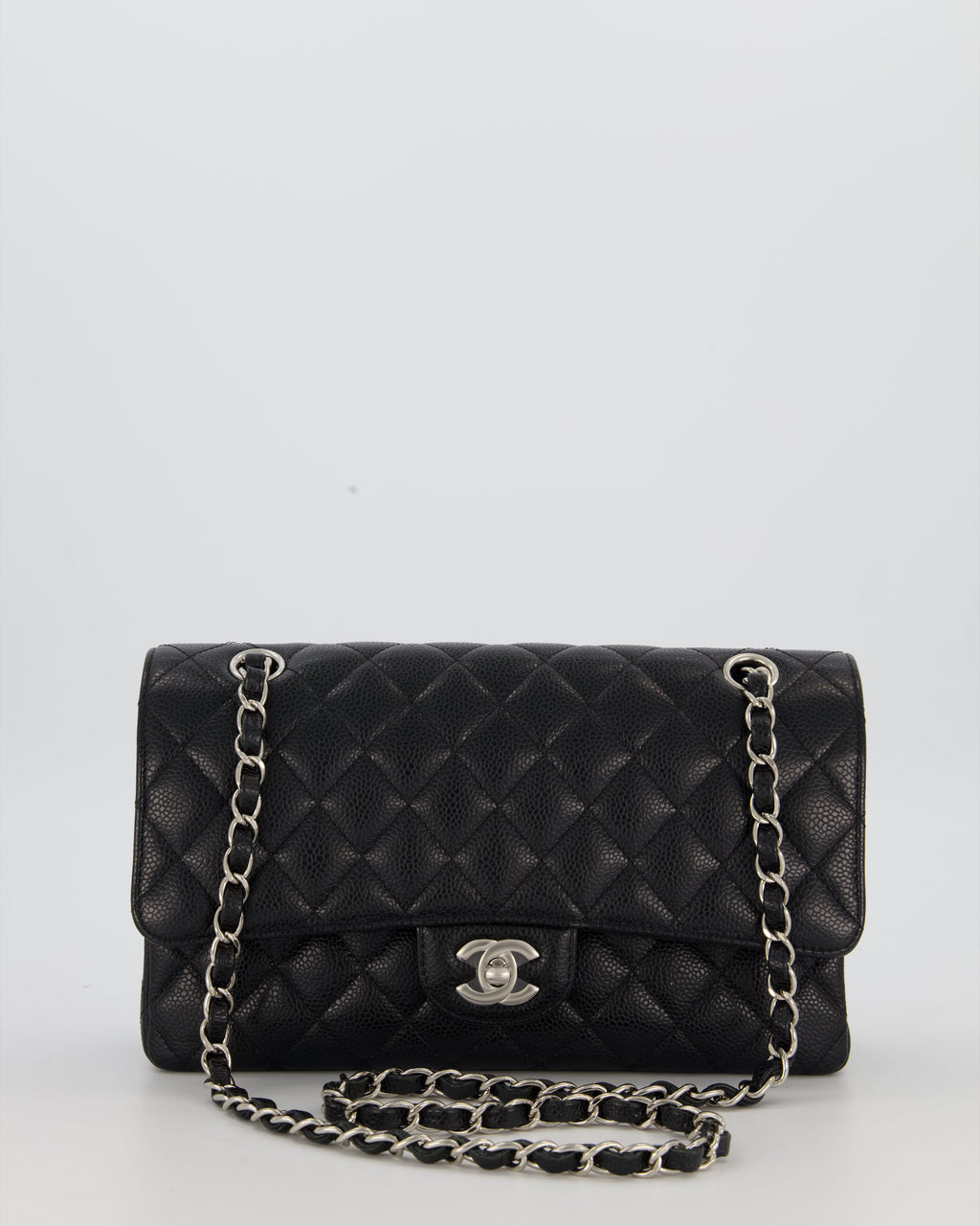 Chanel Black Classic Medium Double Flap Bag in Caviar Leather with Silver Hardware