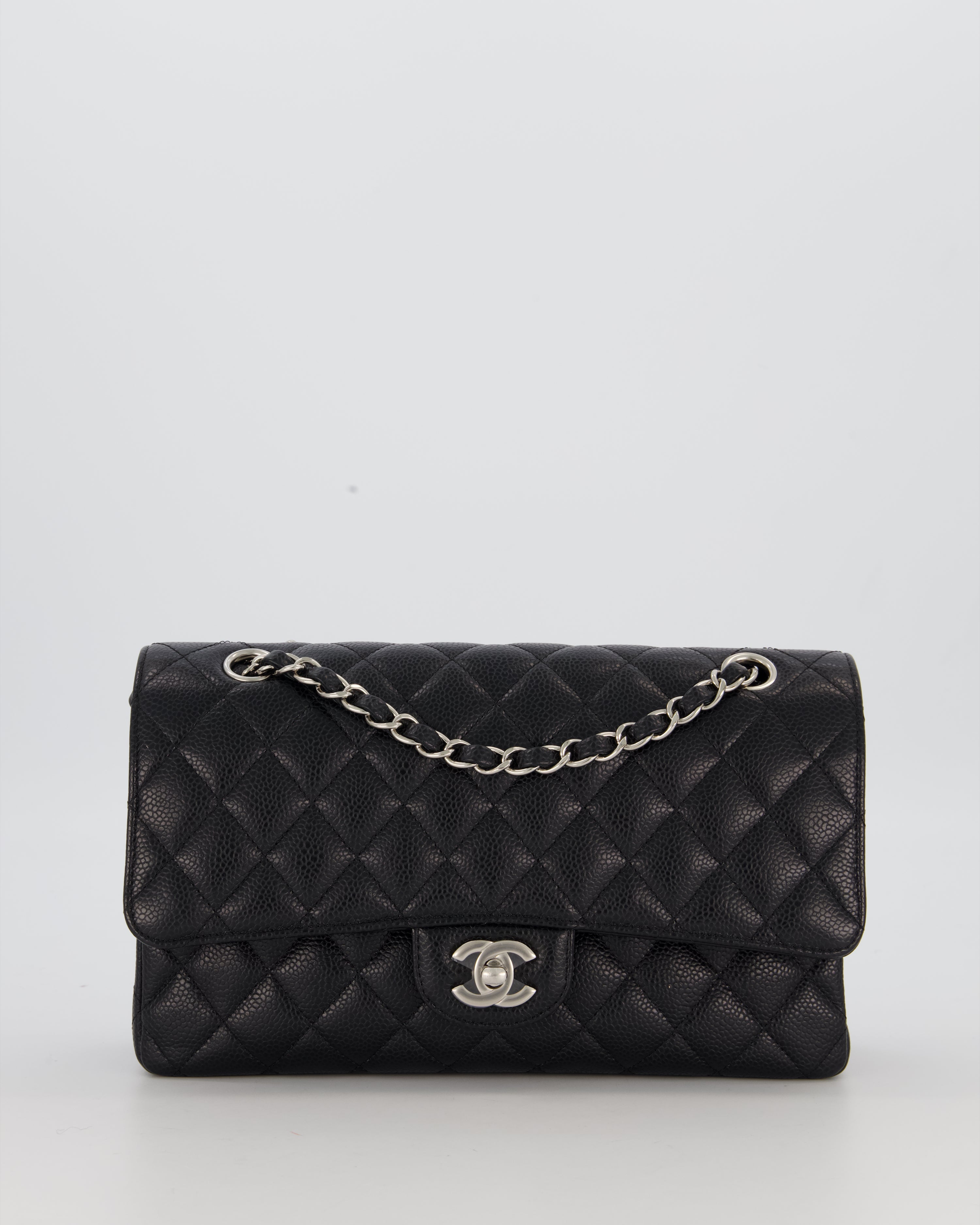 Chanel Black Classic Medium Double Flap Bag in Caviar Leather with Silver Hardware