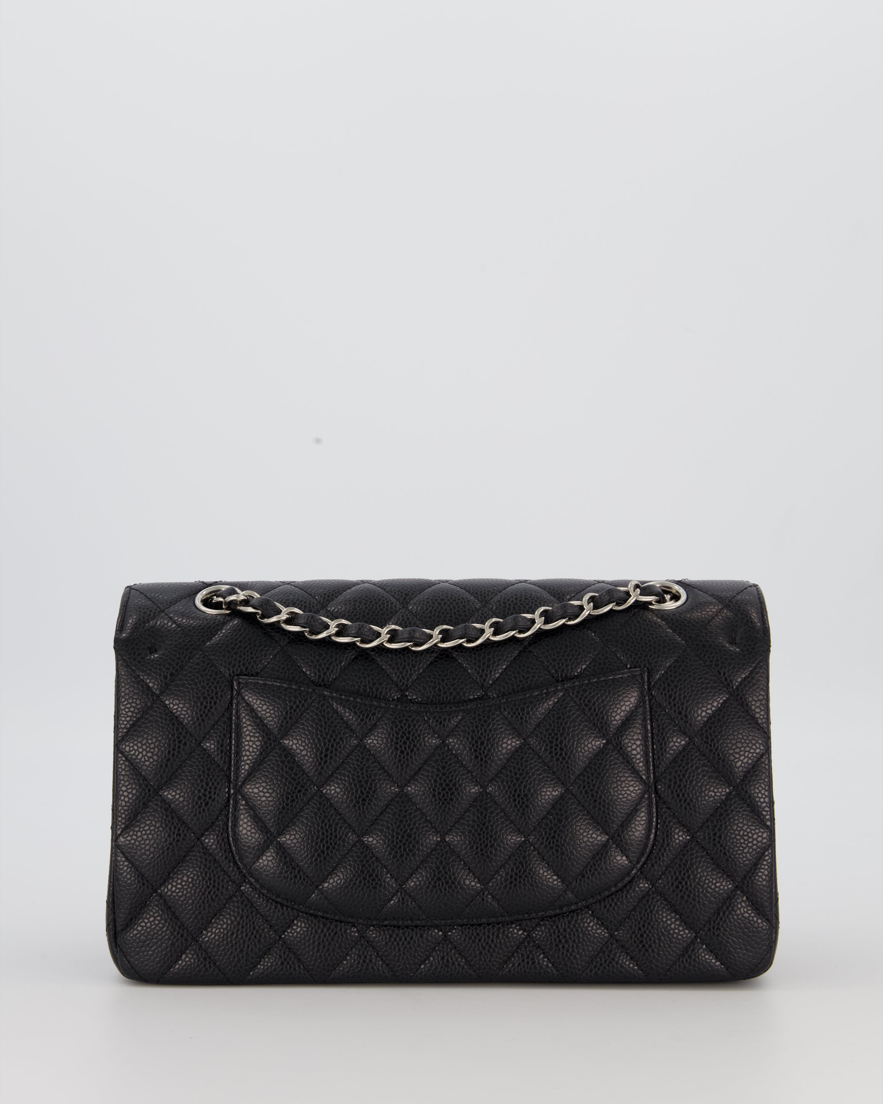 Chanel Black Classic Medium Double Flap Bag in Caviar Leather with Silver Hardware