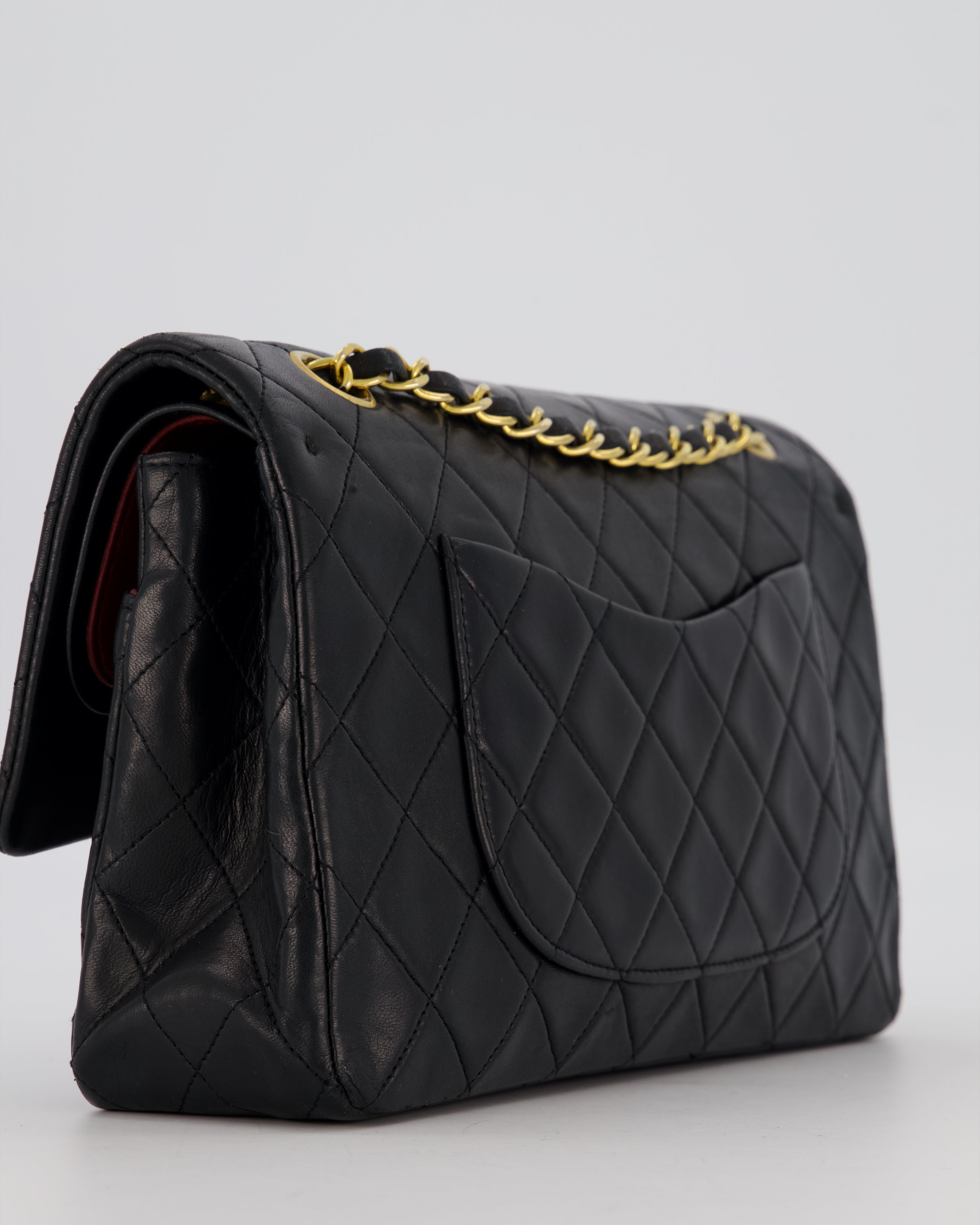 *HOT* Chanel Vintage Medium Classic Double Flap Bag in Black Lambskin Leather with 24K Gold Hardware