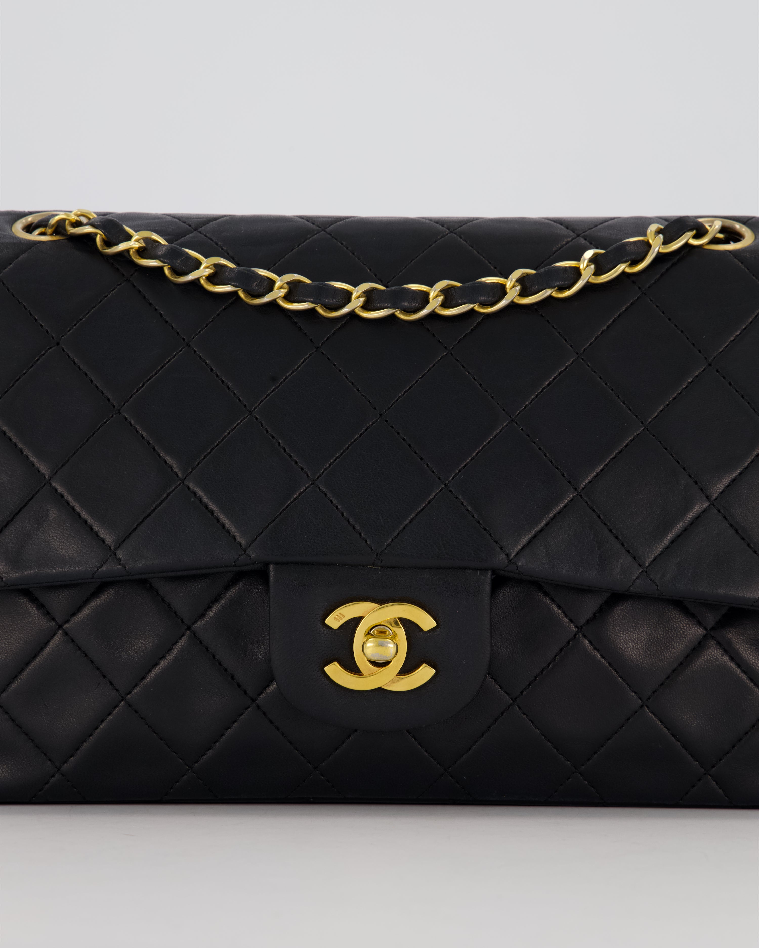 *HOT* Chanel Vintage Medium Classic Double Flap Bag in Black Lambskin Leather with 24K Gold Hardware