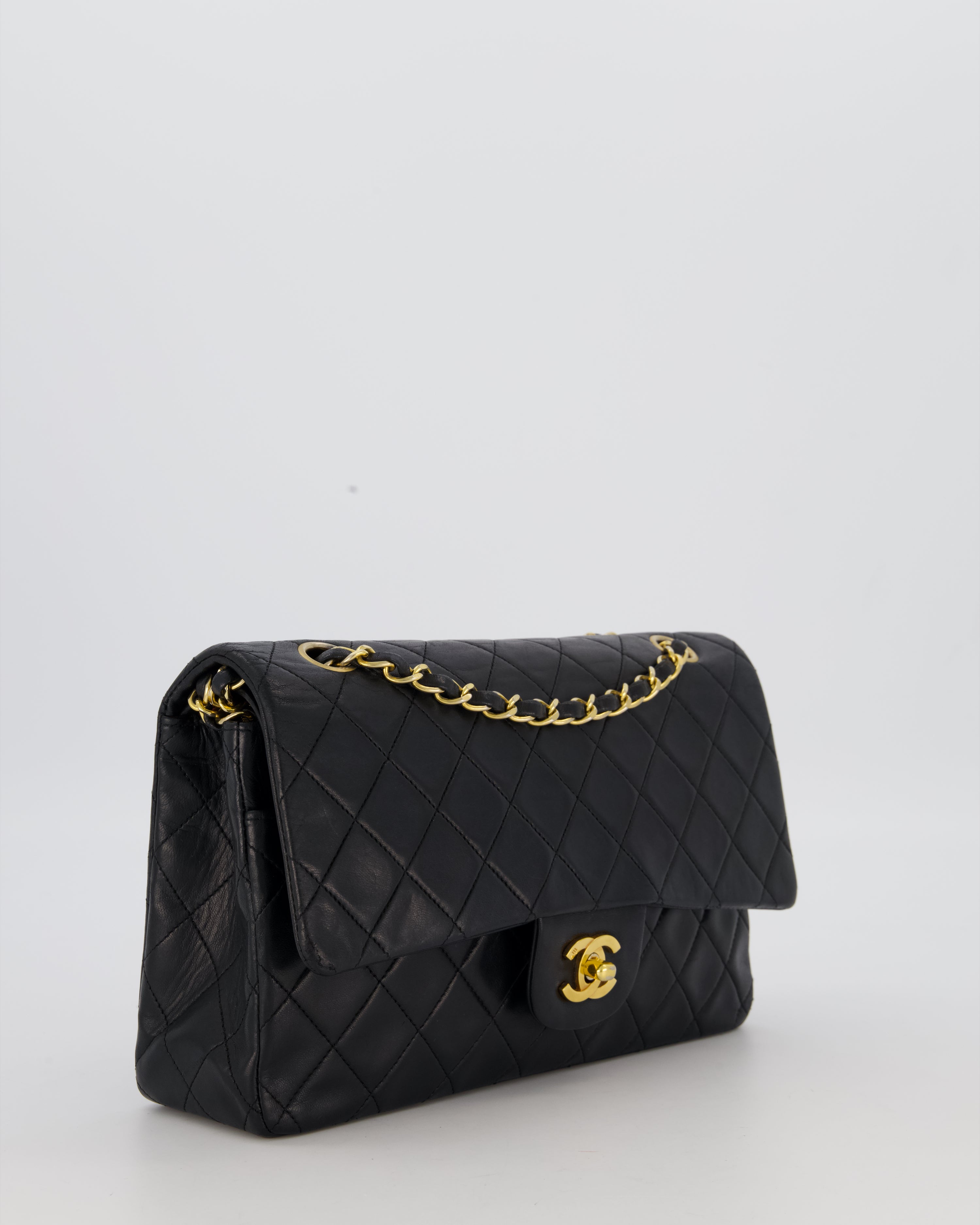 *HOT* Chanel Vintage Medium Classic Double Flap Bag in Black Lambskin Leather with 24K Gold Hardware