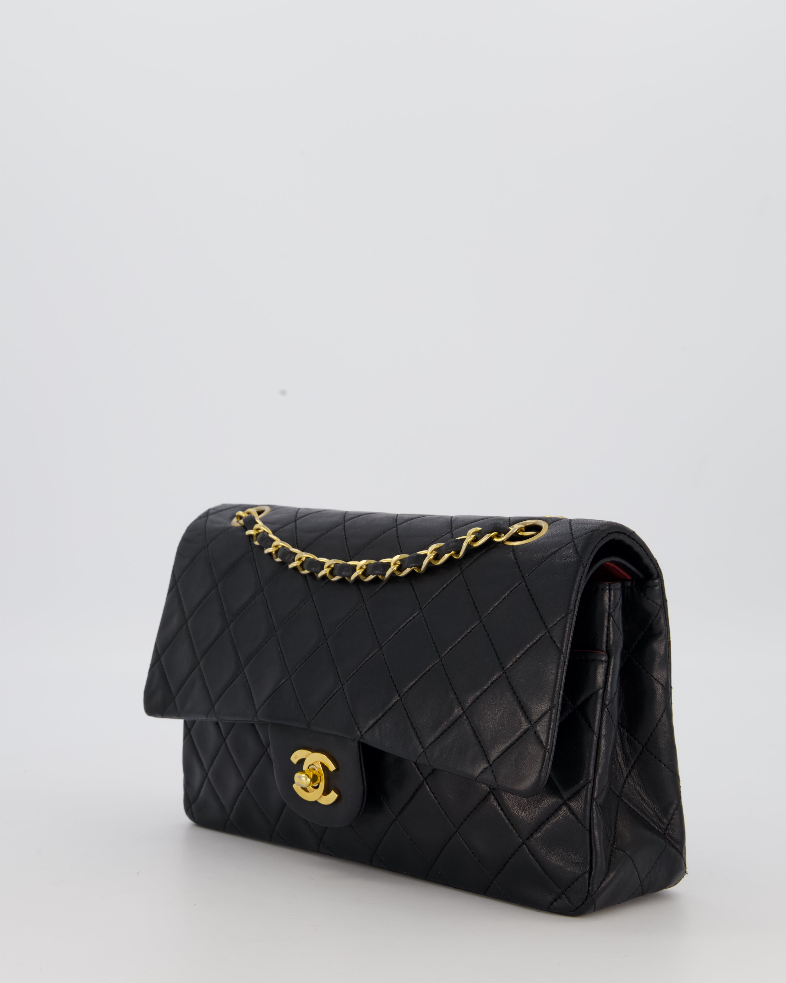 *HOT* Chanel Vintage Medium Classic Double Flap Bag in Black Lambskin Leather with 24K Gold Hardware