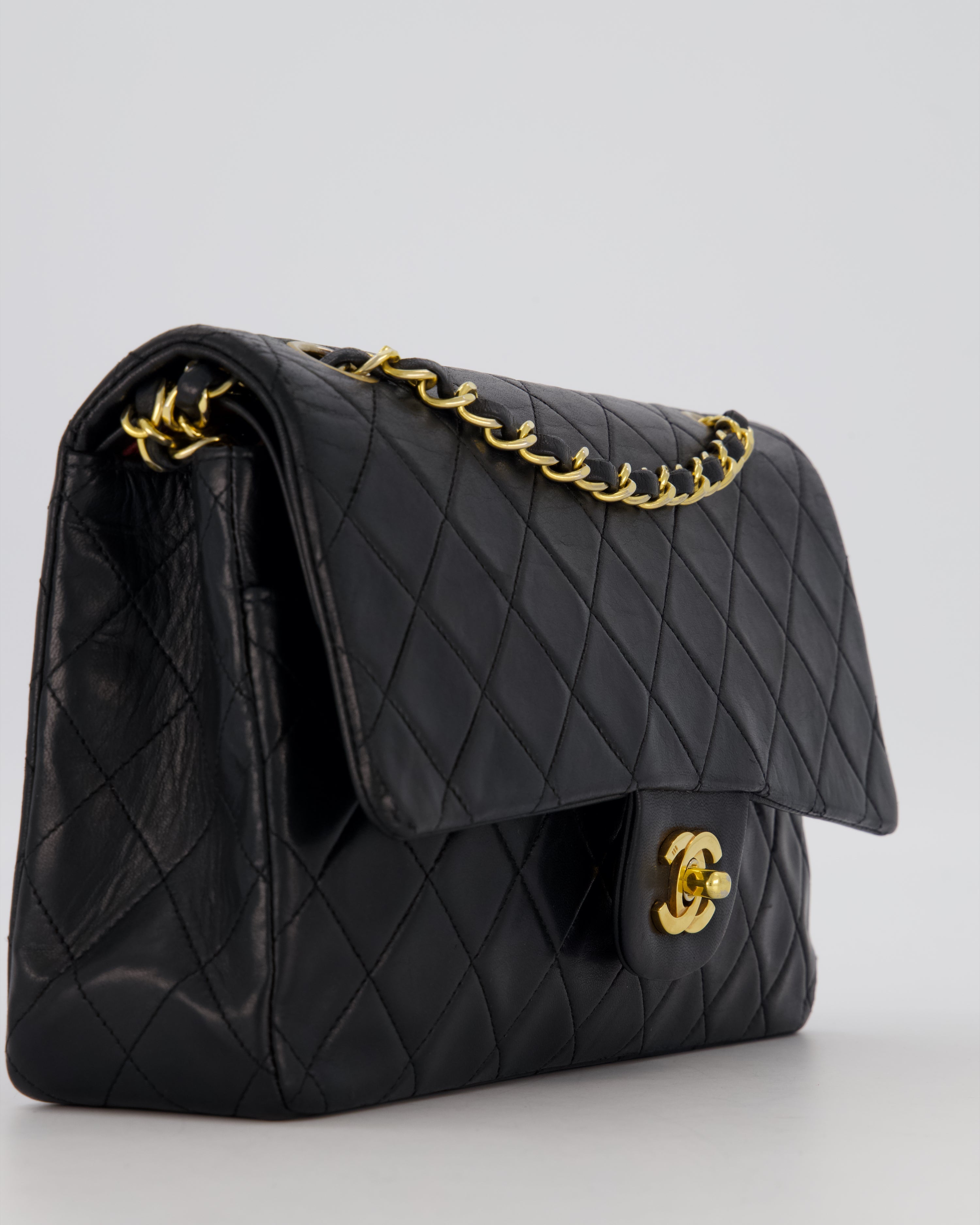 *HOT* Chanel Vintage Medium Classic Double Flap Bag in Black Lambskin Leather with 24K Gold Hardware