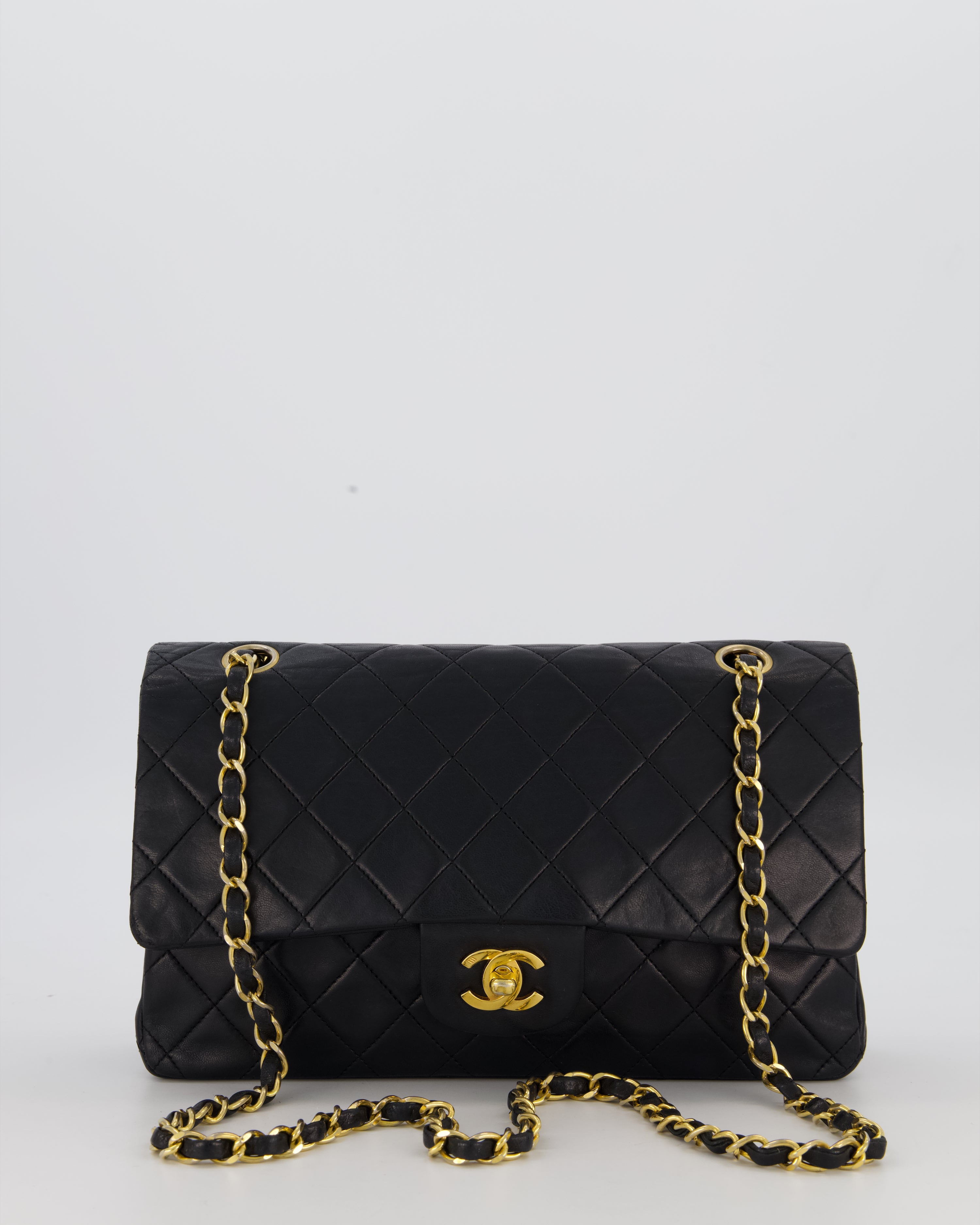 *HOT* Chanel Vintage Medium Classic Double Flap Bag in Black Lambskin Leather with 24K Gold Hardware