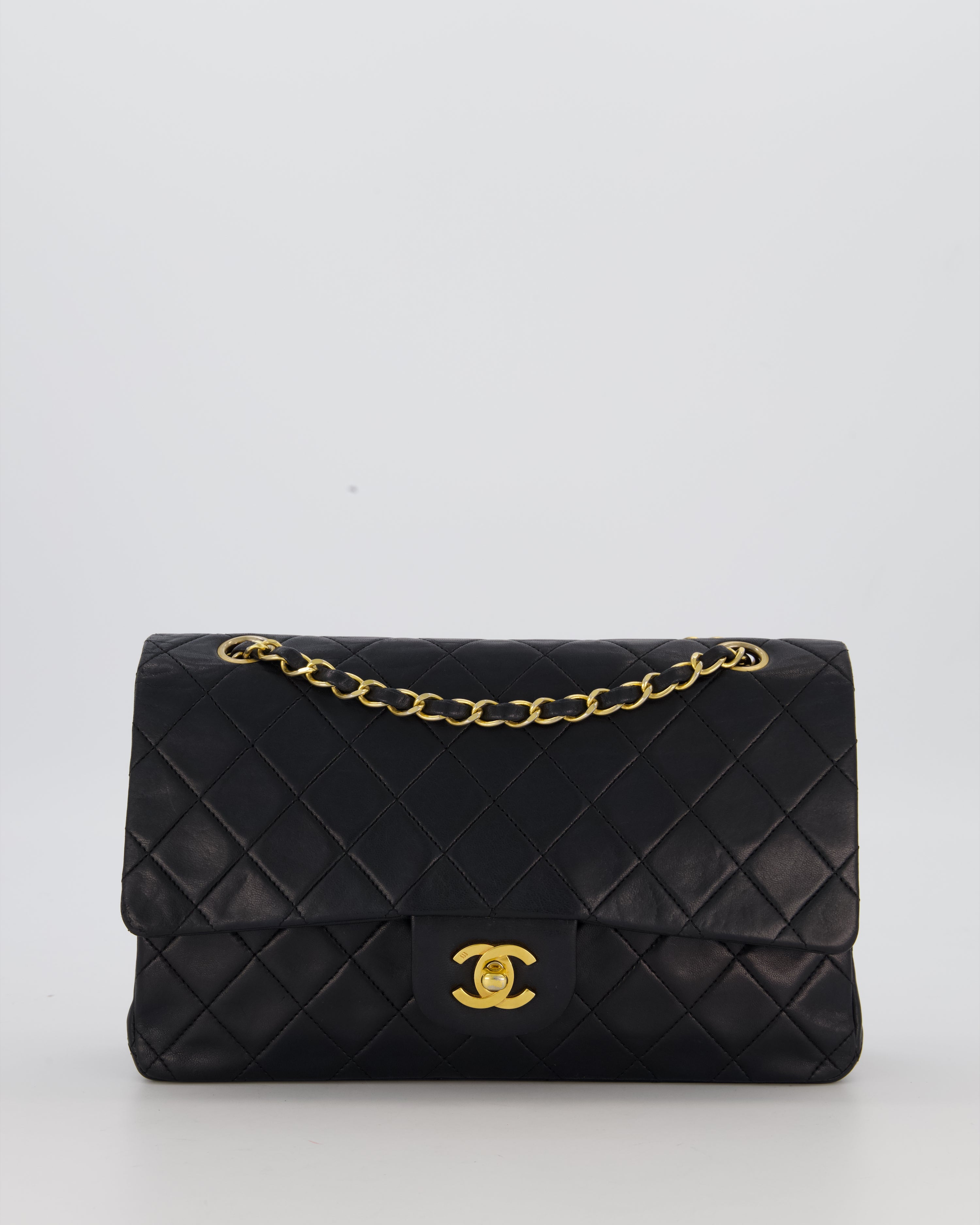 *HOT* Chanel Vintage Medium Classic Double Flap Bag in Black Lambskin Leather with 24K Gold Hardware