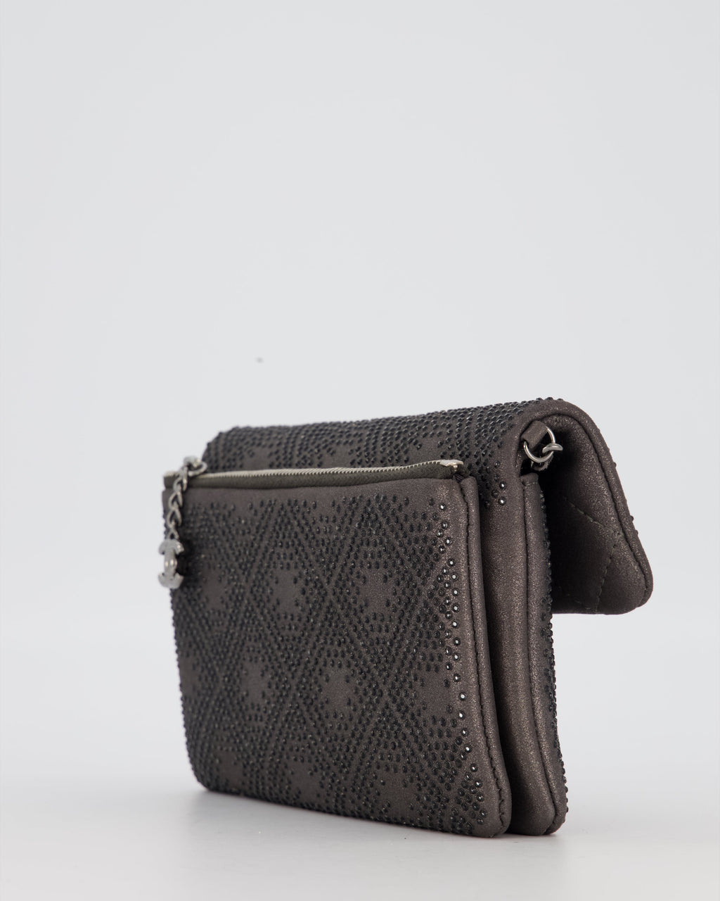 Chanel Grey Embellished Rhinestones  Mini Flap Bag in Suede Leather With Gunmetal Hardware