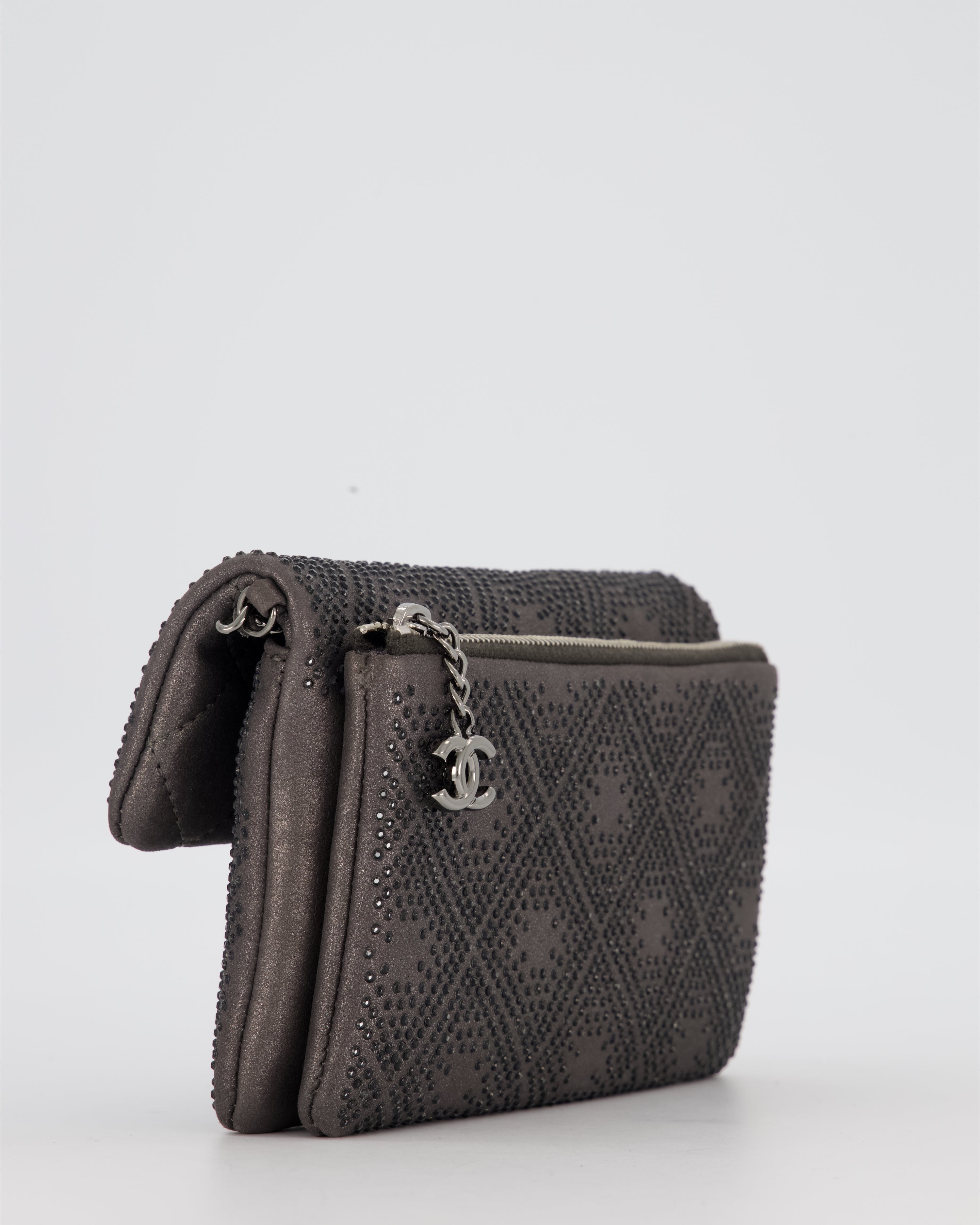 Chanel Grey Embellished Rhinestones  Mini Flap Bag in Suede Leather With Gunmetal Hardware