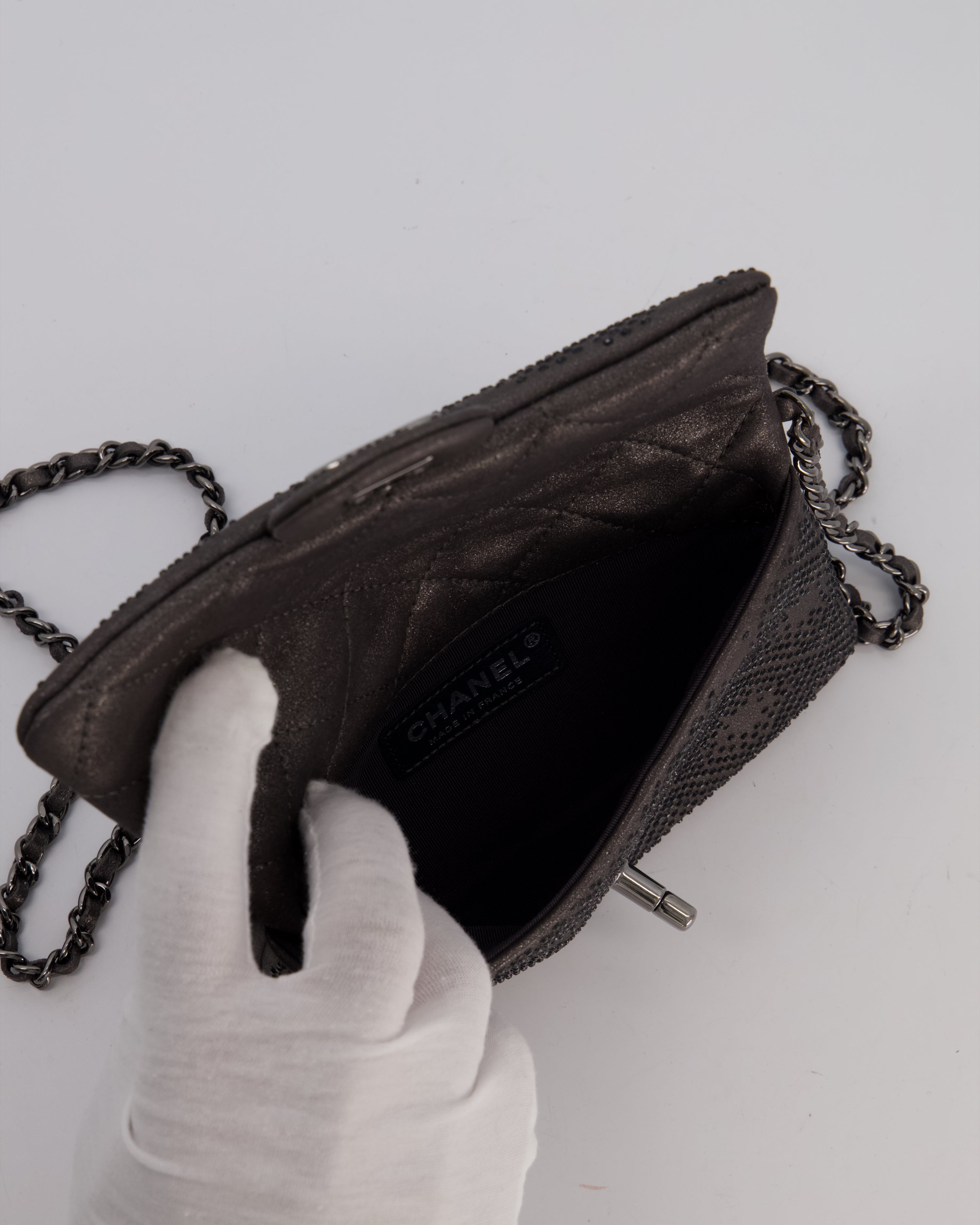 Chanel Grey Embellished Rhinestones  Mini Flap Bag in Suede Leather With Gunmetal Hardware