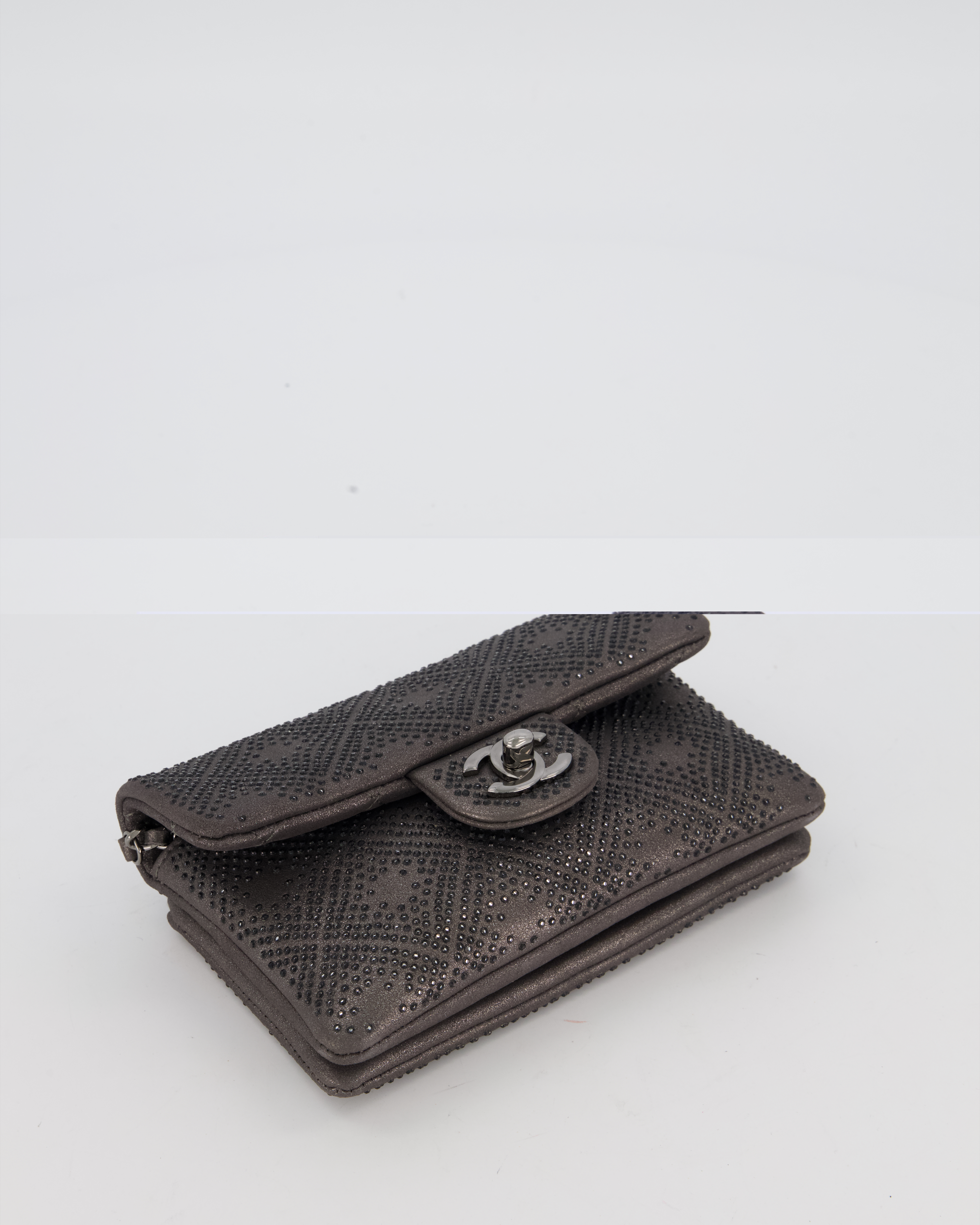 Chanel Grey Embellished Rhinestones  Mini Flap Bag in Suede Leather With Gunmetal Hardware