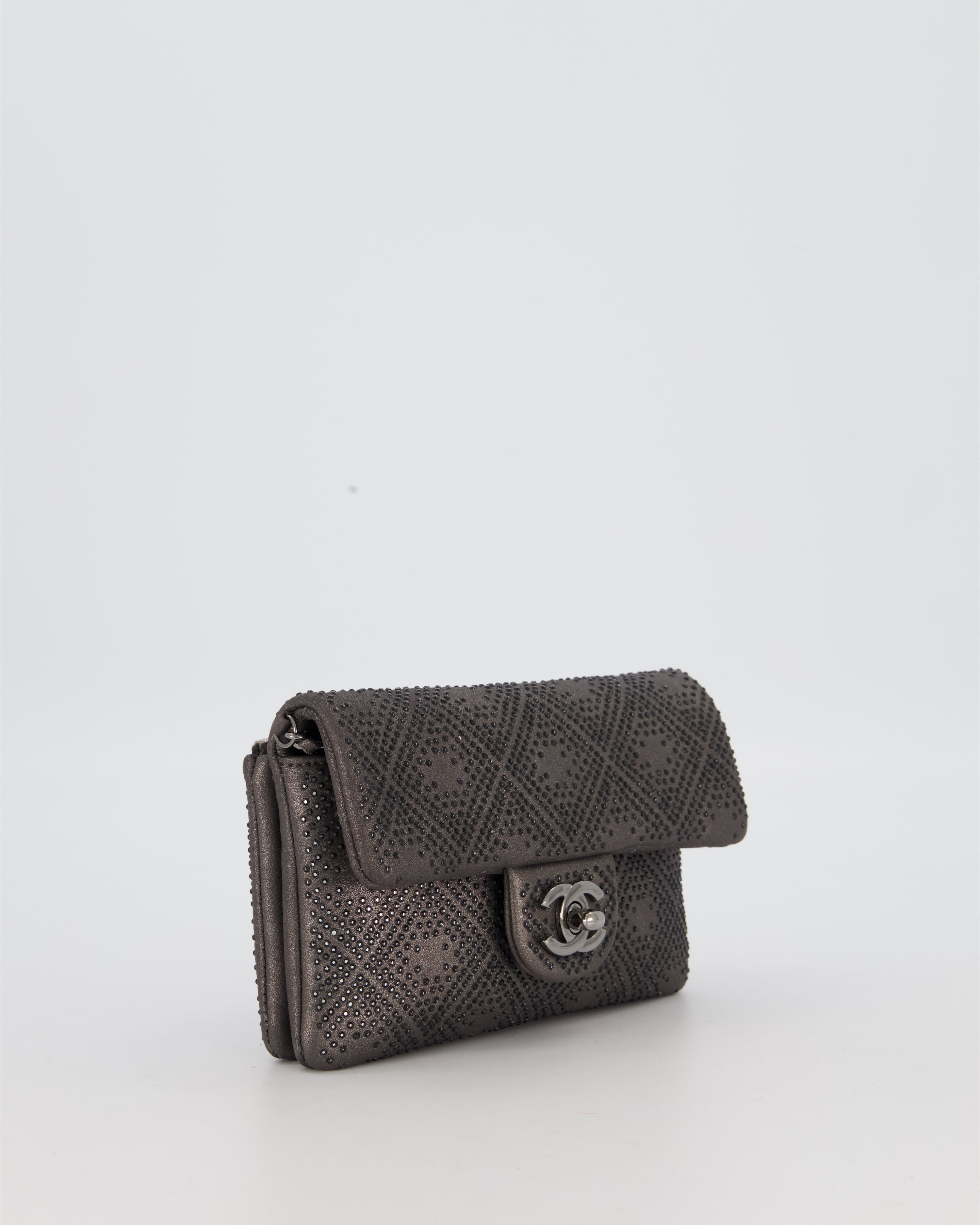 Chanel Grey Embellished Rhinestones  Mini Flap Bag in Suede Leather With Gunmetal Hardware
