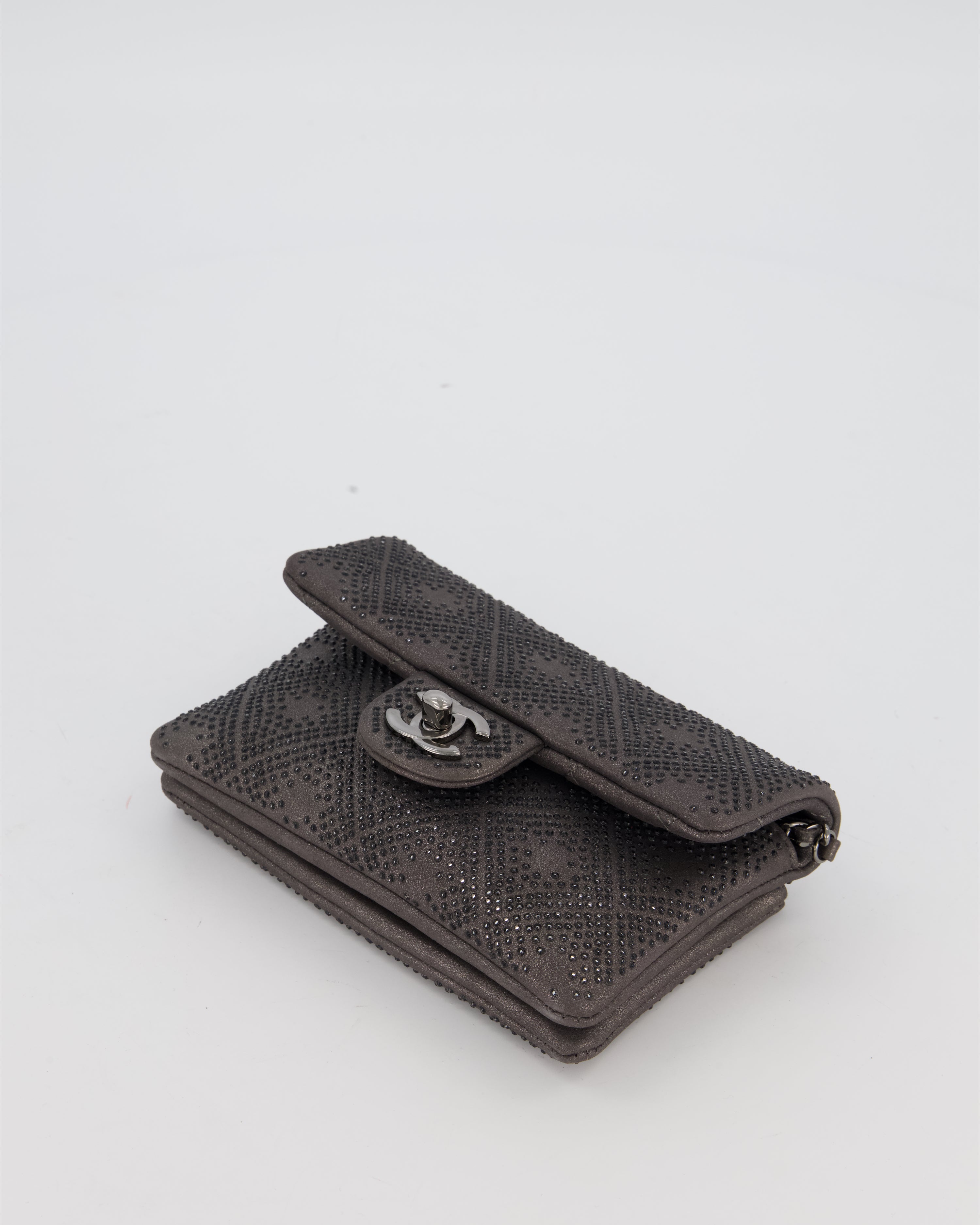 Chanel Grey Embellished Rhinestones  Mini Flap Bag in Suede Leather With Gunmetal Hardware