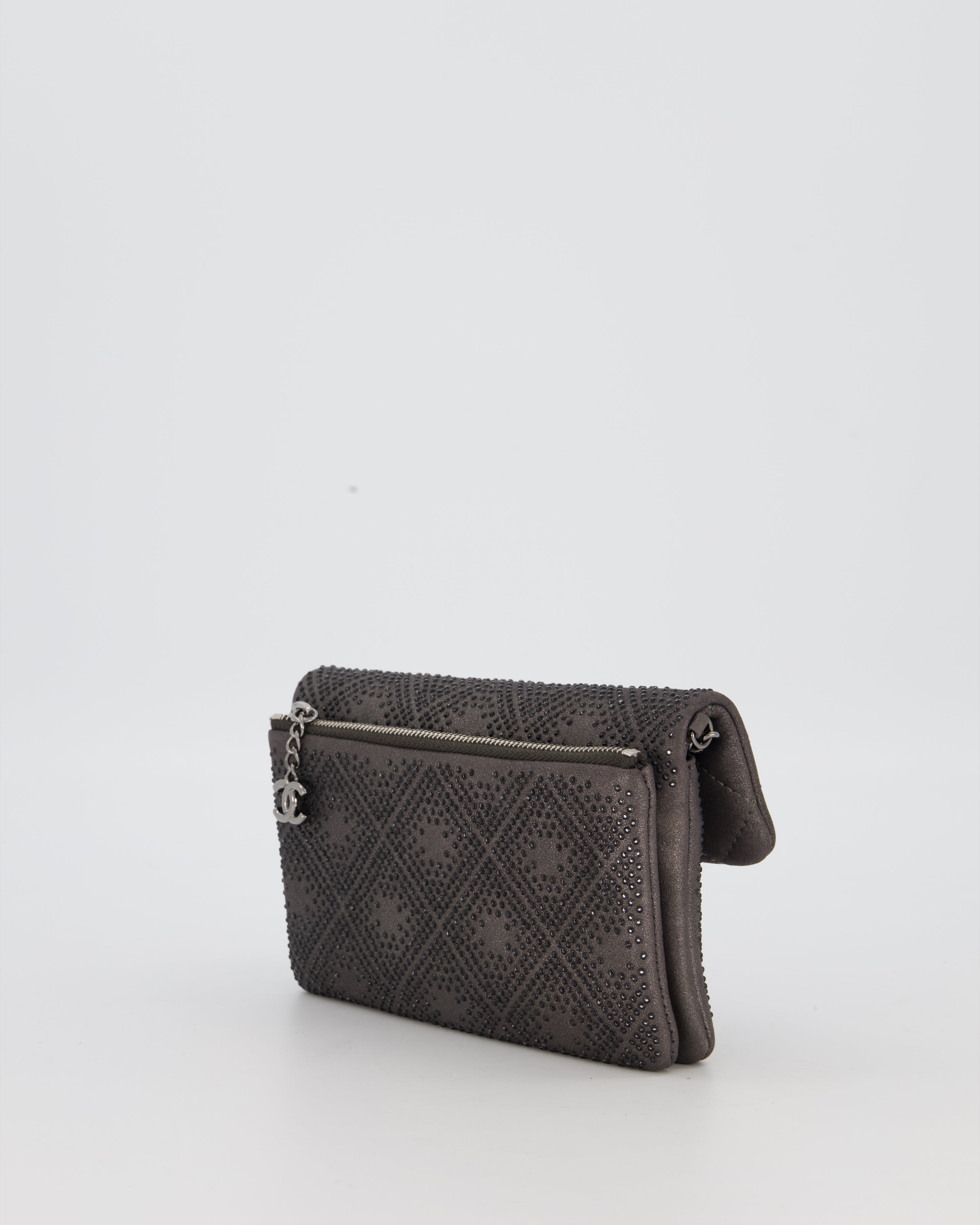 Chanel Grey Embellished Rhinestones  Mini Flap Bag in Suede Leather With Gunmetal Hardware