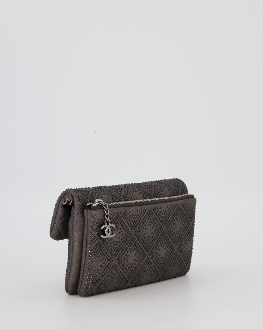 Chanel Grey Embellished Rhinestones  Mini Flap Bag in Suede Leather With Gunmetal Hardware