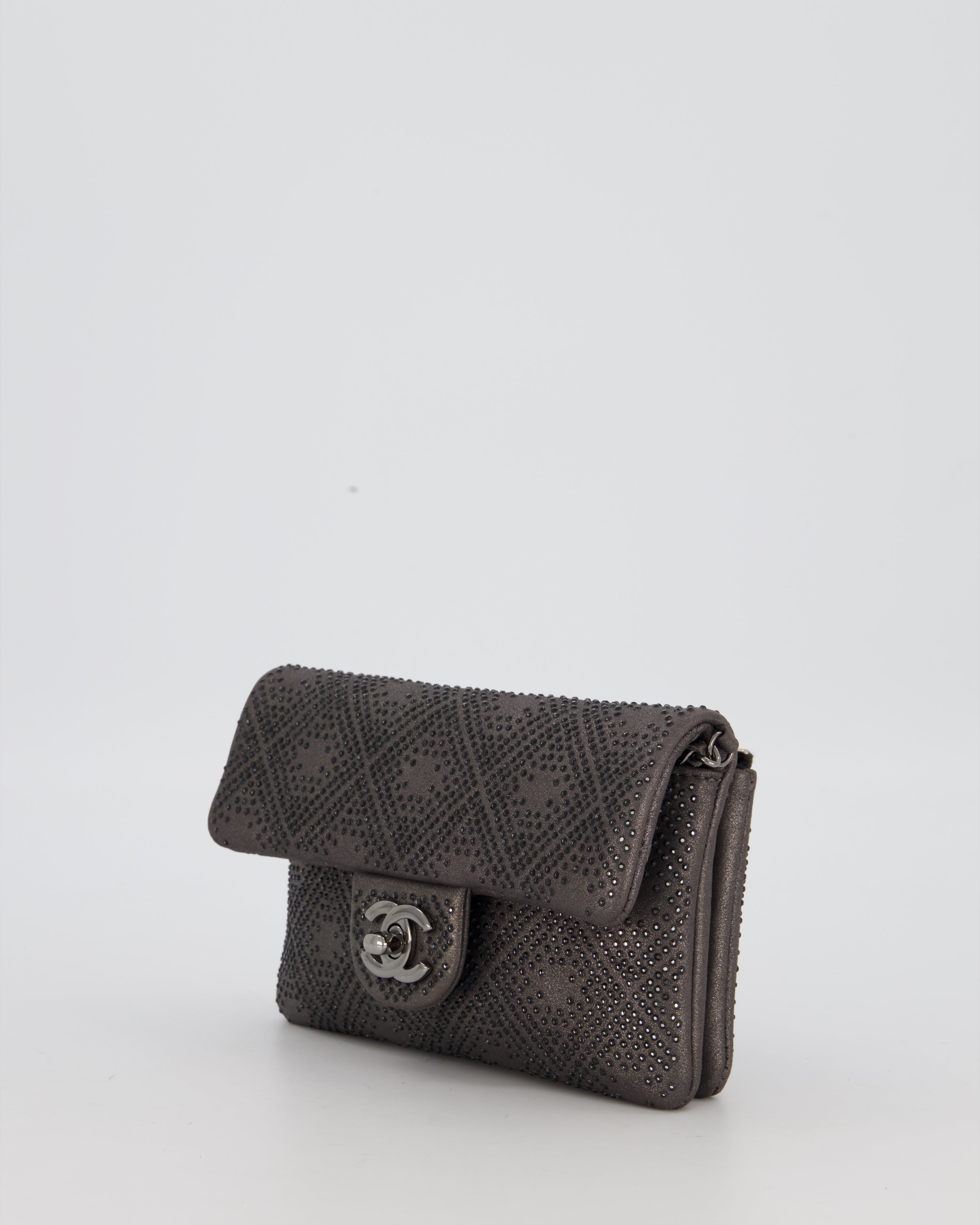 Chanel Grey Embellished Rhinestones  Mini Flap Bag in Suede Leather With Gunmetal Hardware