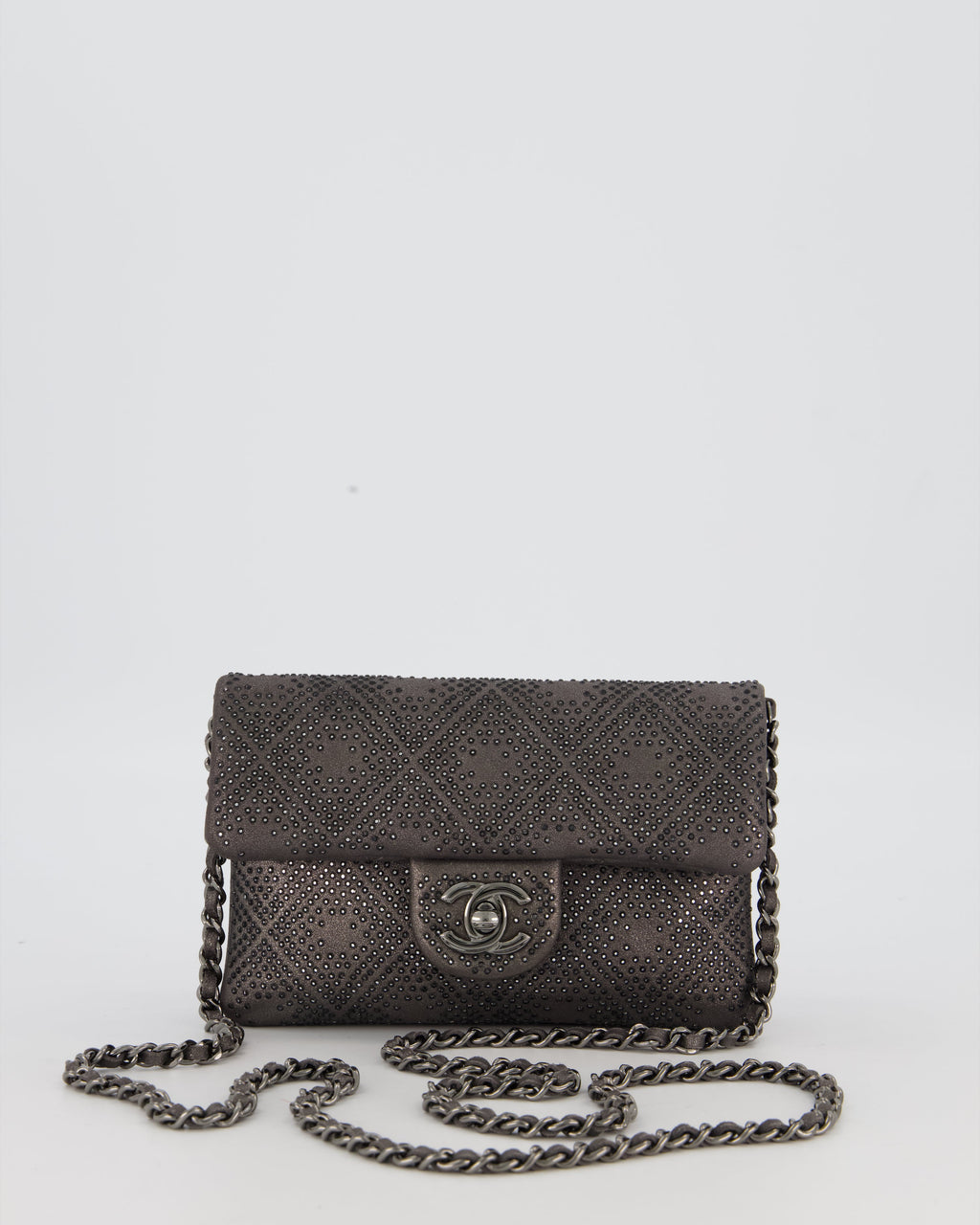 Chanel Grey Embellished Rhinestones  Mini Flap Bag in Suede Leather With Gunmetal Hardware