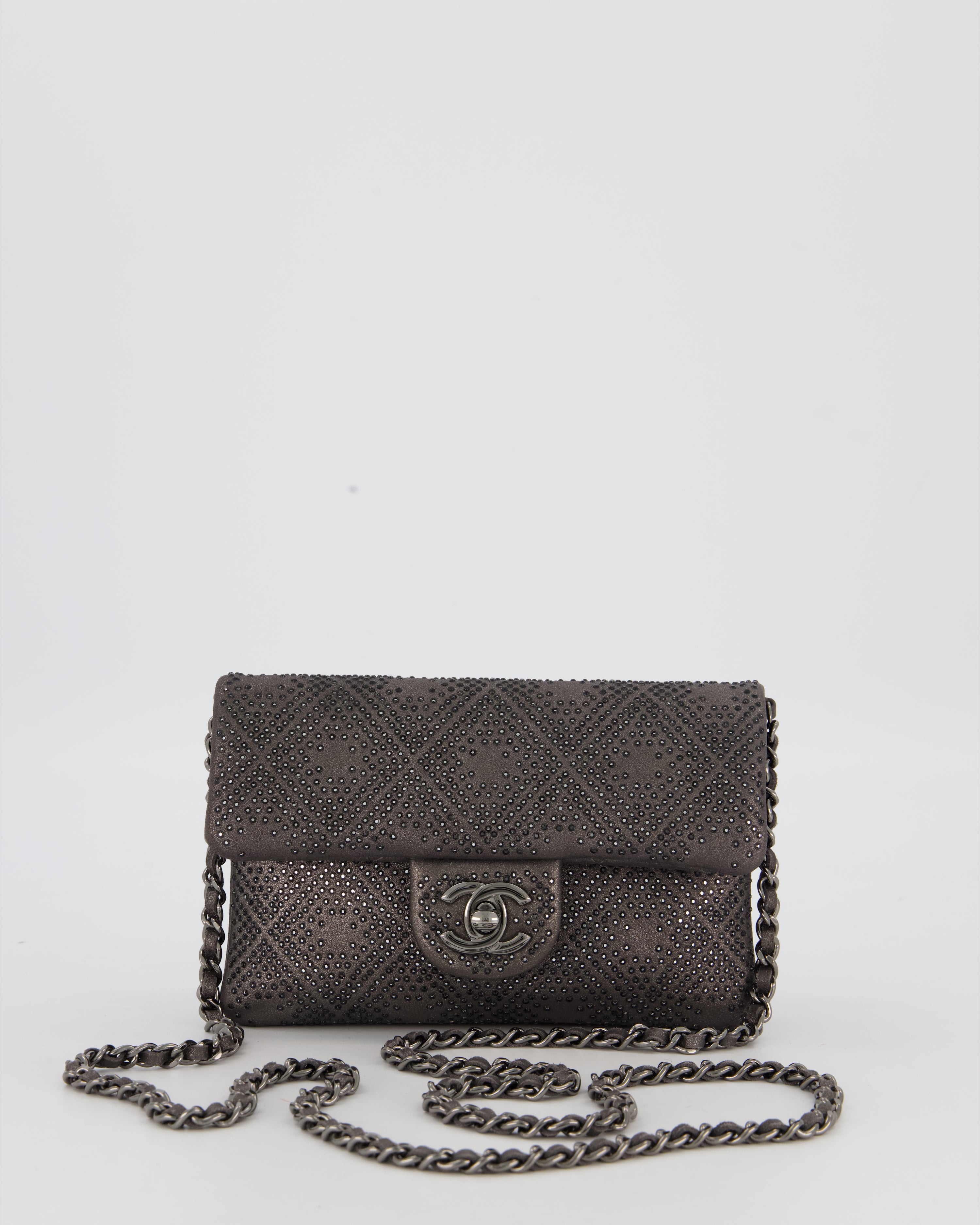 Chanel Grey Embellished Rhinestones  Mini Flap Bag in Suede Leather With Gunmetal Hardware