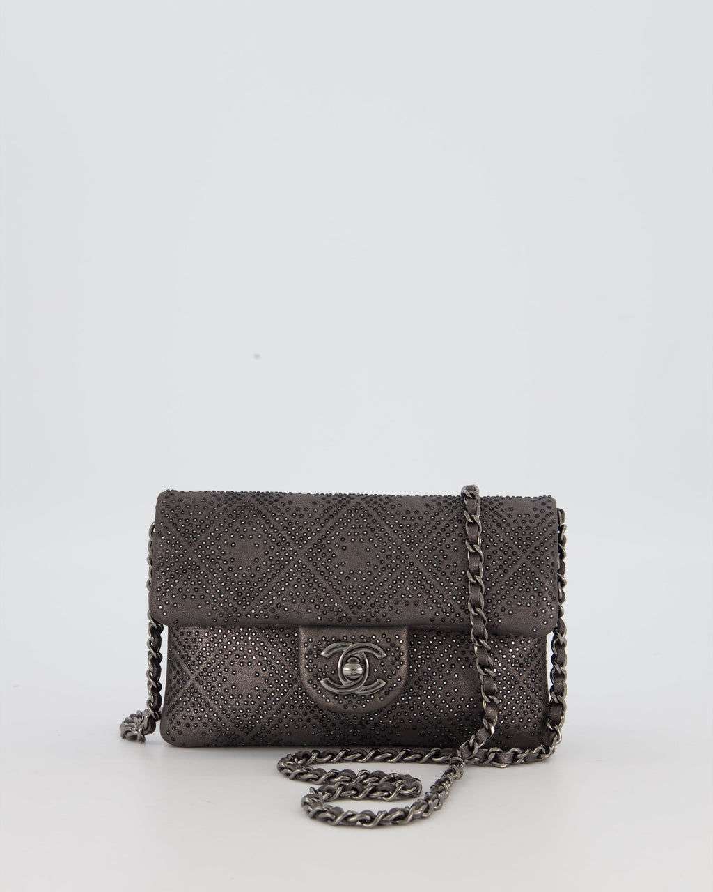 Chanel Grey Embellished Rhinestones  Mini Flap Bag in Suede Leather With Gunmetal Hardware