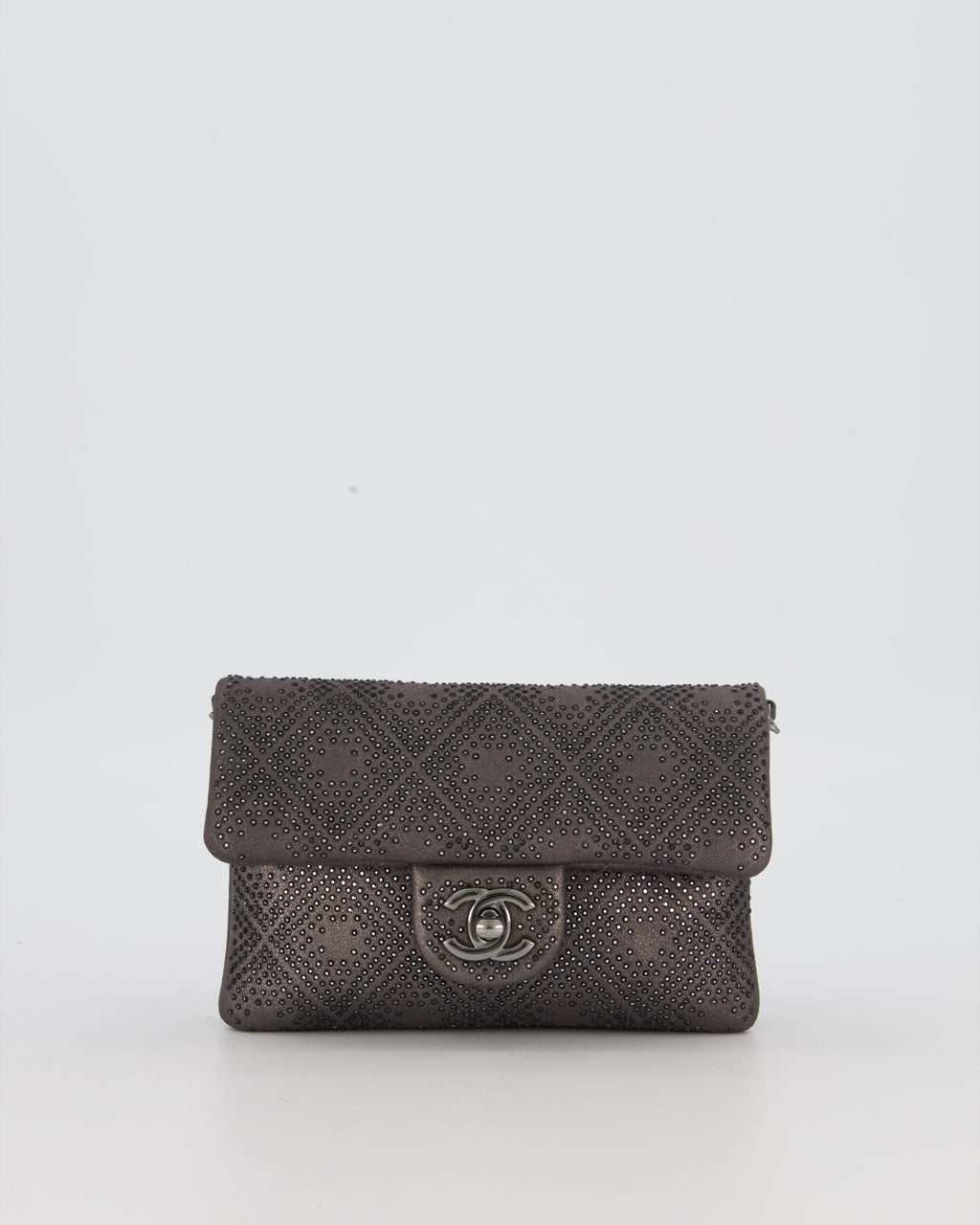 Chanel Grey Embellished Rhinestones  Mini Flap Bag in Suede Leather With Gunmetal Hardware