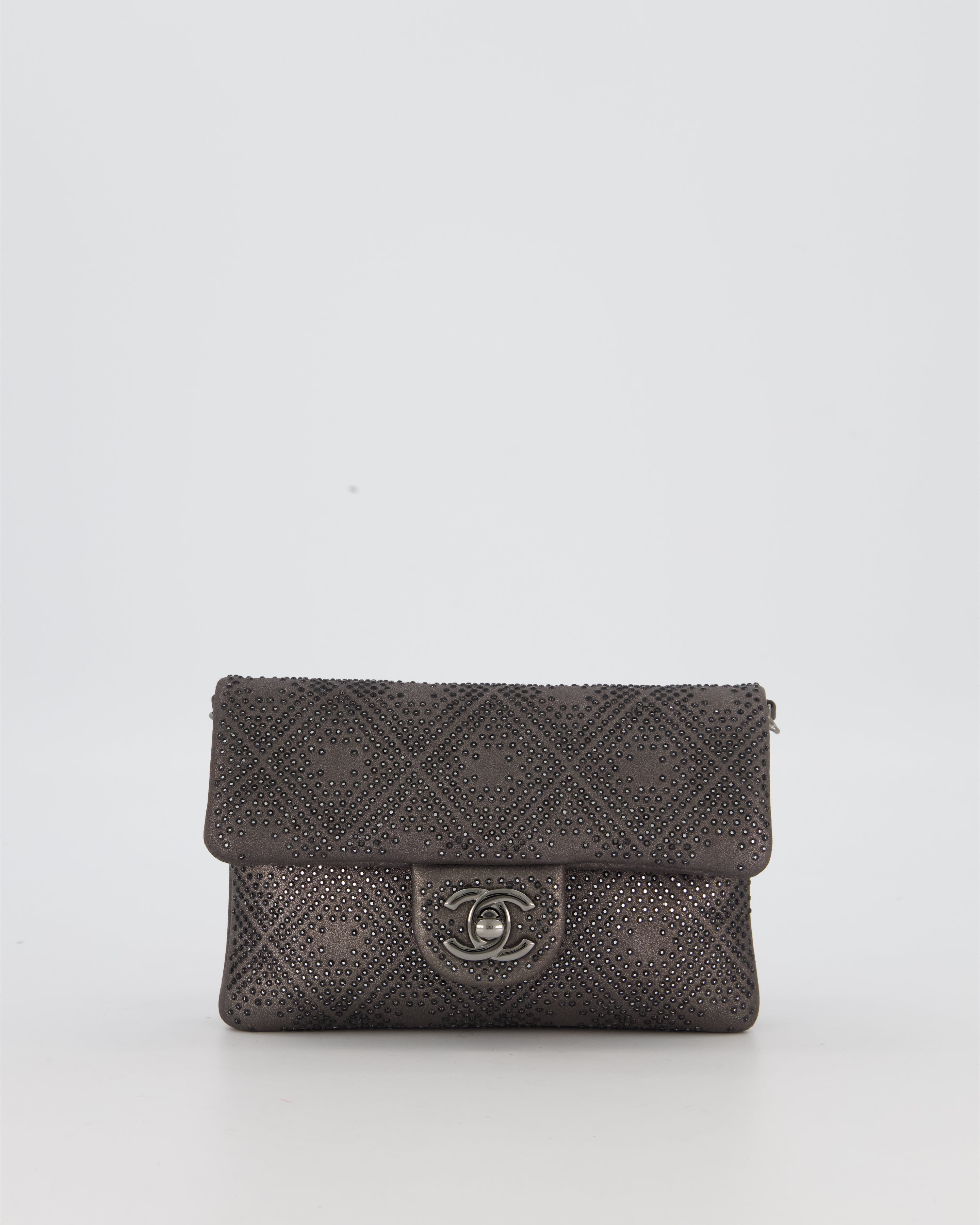 Chanel Grey Embellished Rhinestones  Mini Flap Bag in Suede Leather With Gunmetal Hardware