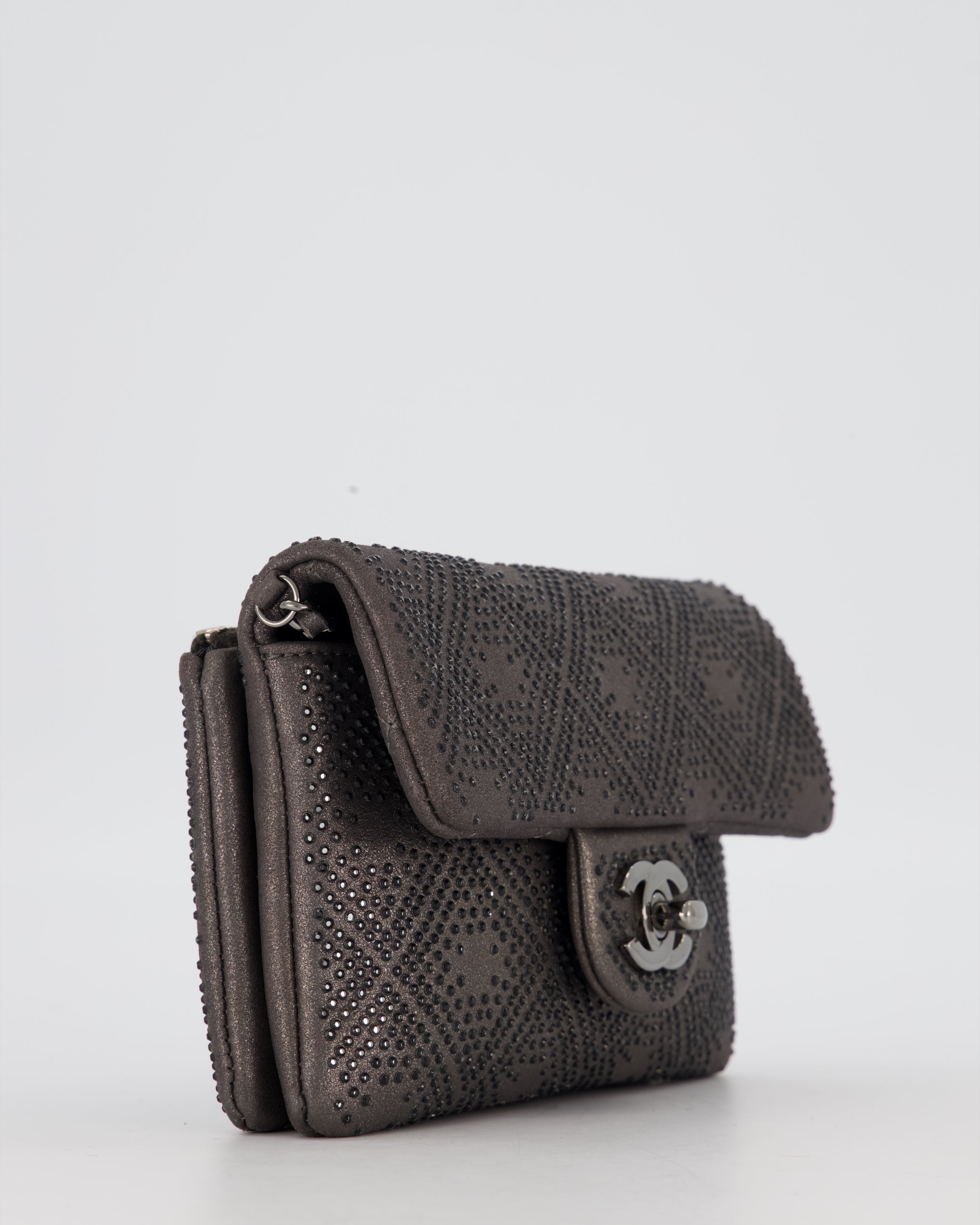 Chanel Grey Embellished Rhinestones  Mini Flap Bag in Suede Leather With Gunmetal Hardware