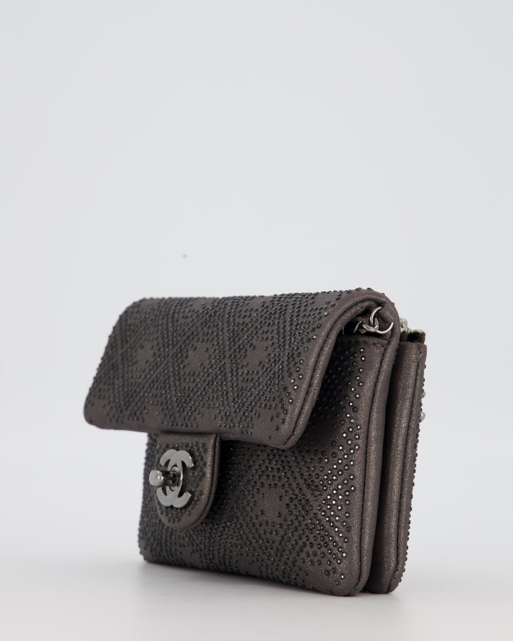 Chanel Grey Embellished Rhinestones  Mini Flap Bag in Suede Leather With Gunmetal Hardware