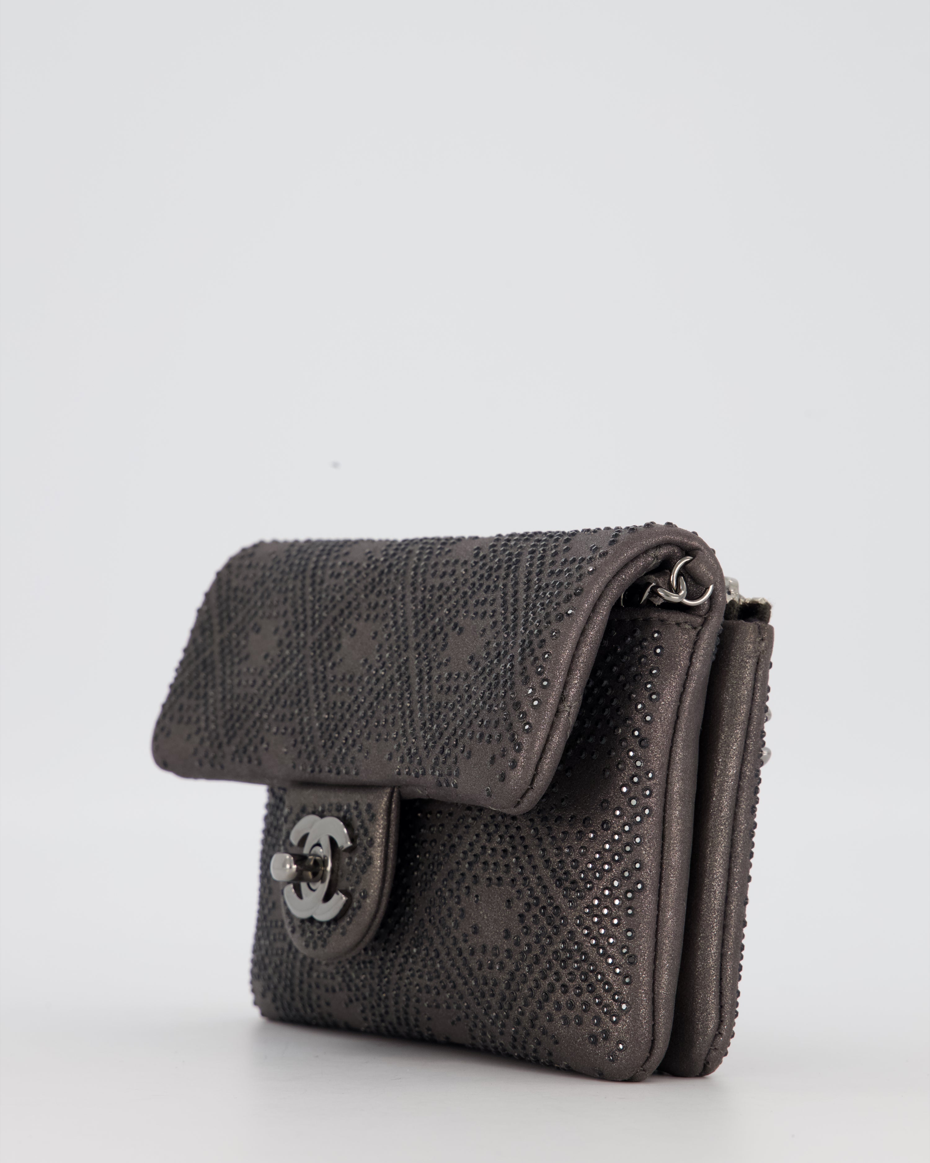 Chanel Grey Embellished Rhinestones  Mini Flap Bag in Suede Leather With Gunmetal Hardware