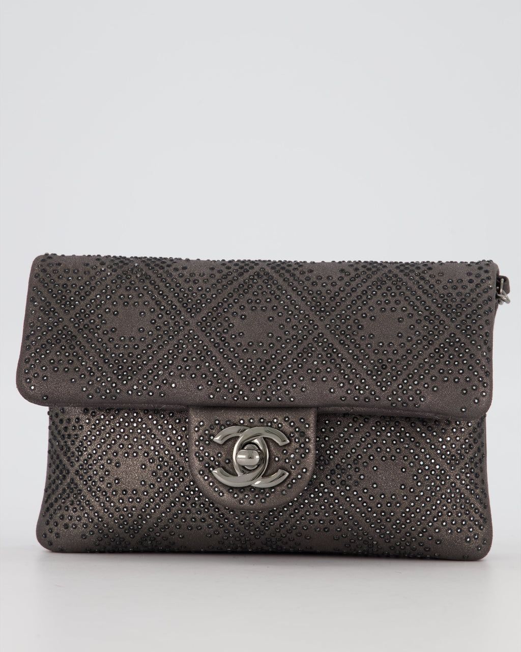 Chanel Grey Embellished Rhinestones  Mini Flap Bag in Suede Leather With Gunmetal Hardware