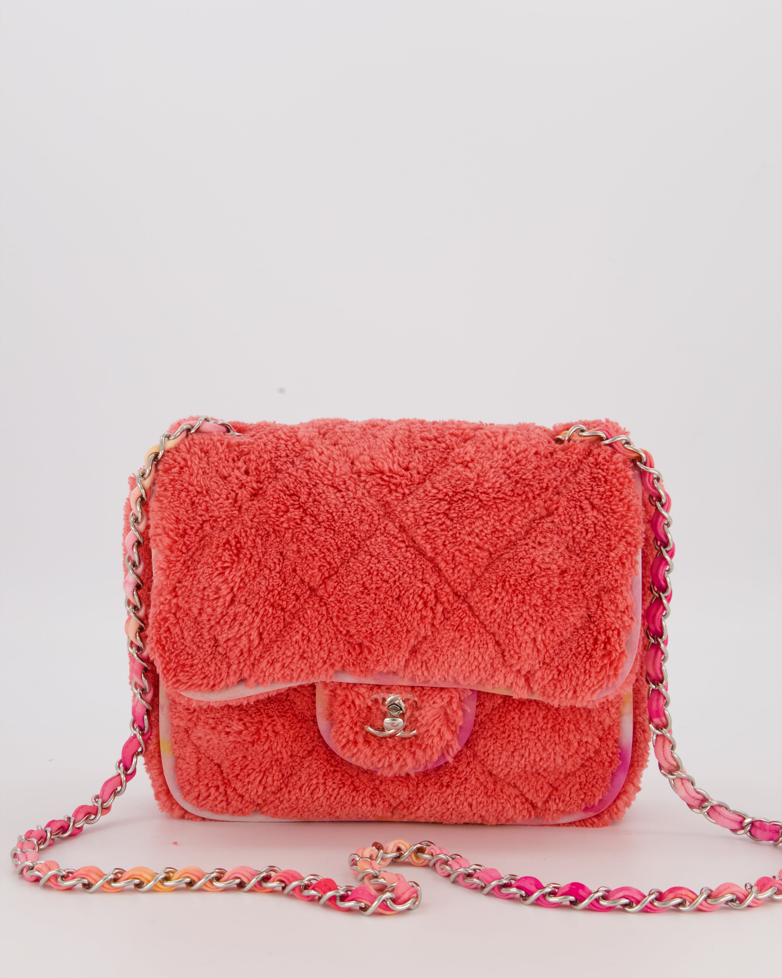 Chanel Pink Terry Cloth Quilted Square Flap Bag with Silver Hardware