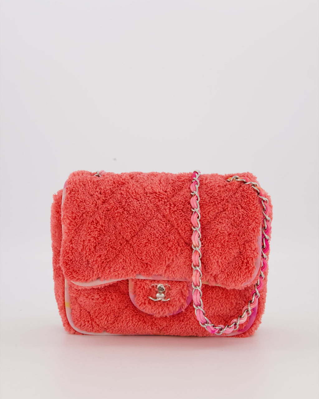 Chanel Pink Terry Cloth Quilted Square Flap Bag with Silver Hardware