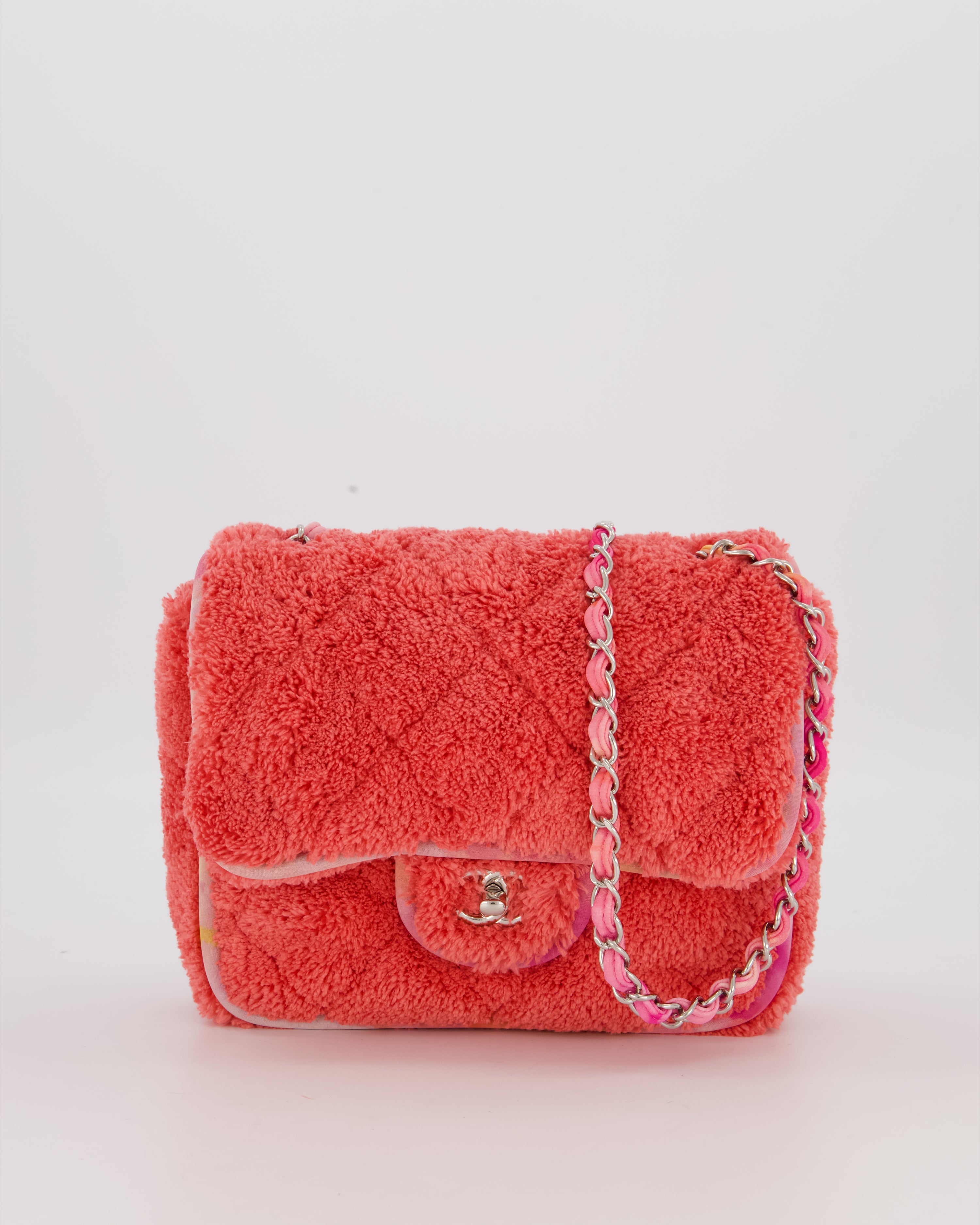 Chanel Pink Terry Cloth Quilted Square Flap Bag with Silver Hardware