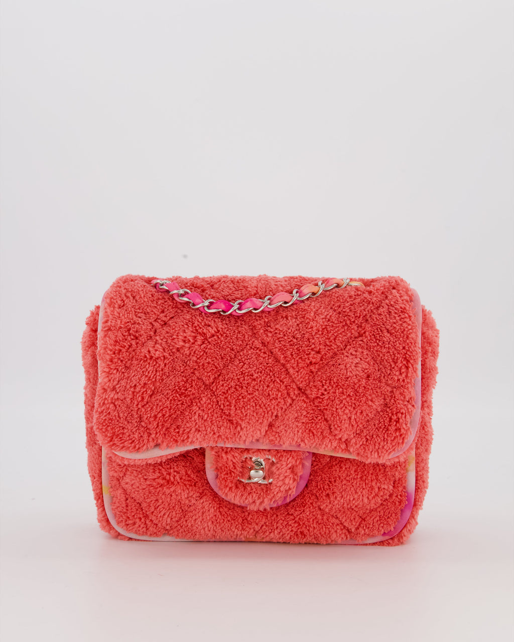 Chanel Pink Terry Cloth Quilted Square Flap Bag with Silver Hardware