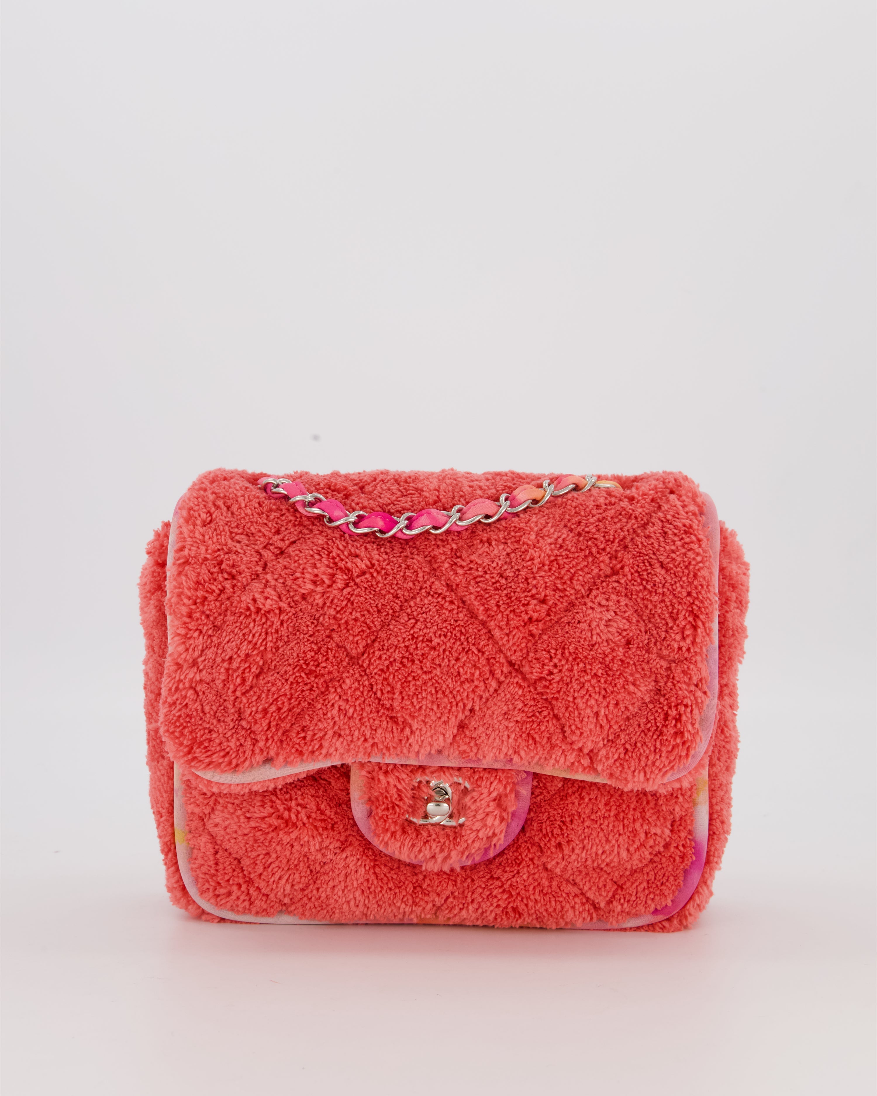 Chanel Pink Terry Cloth Quilted Square Flap Bag with Silver Hardware