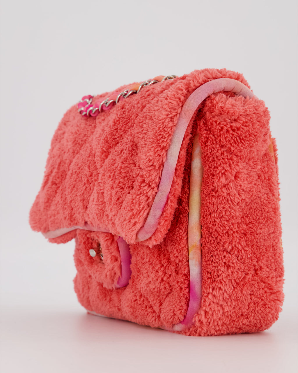 Chanel Pink Terry Cloth Quilted Square Flap Bag with Silver Hardware