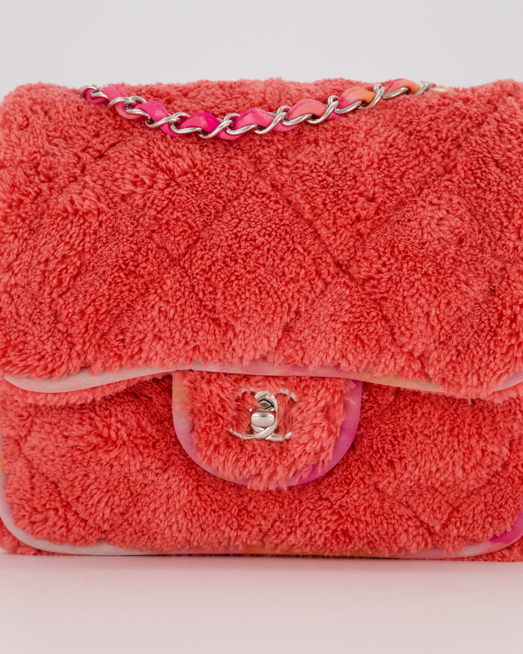 Chanel Pink Terry Cloth Quilted Square Flap Bag with Silver Hardware