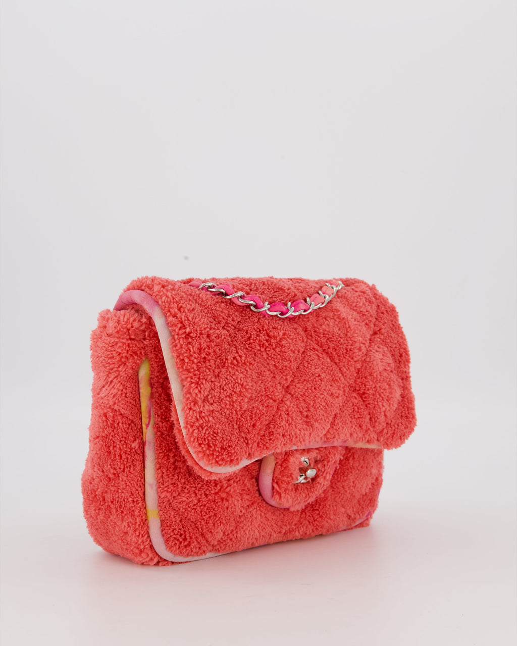 Chanel Pink Terry Cloth Quilted Square Flap Bag with Silver Hardware