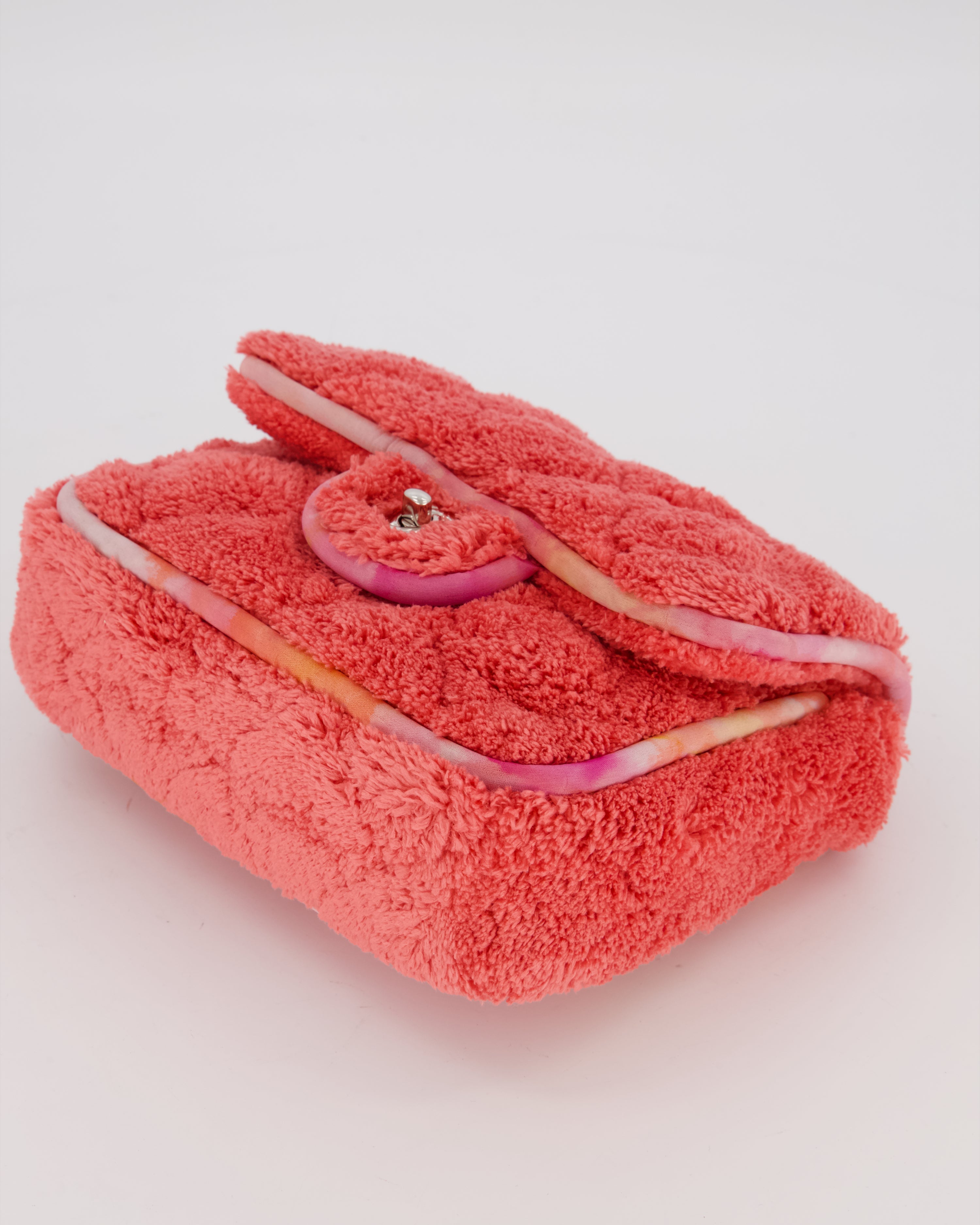 Chanel Pink Terry Cloth Quilted Square Flap Bag with Silver Hardware