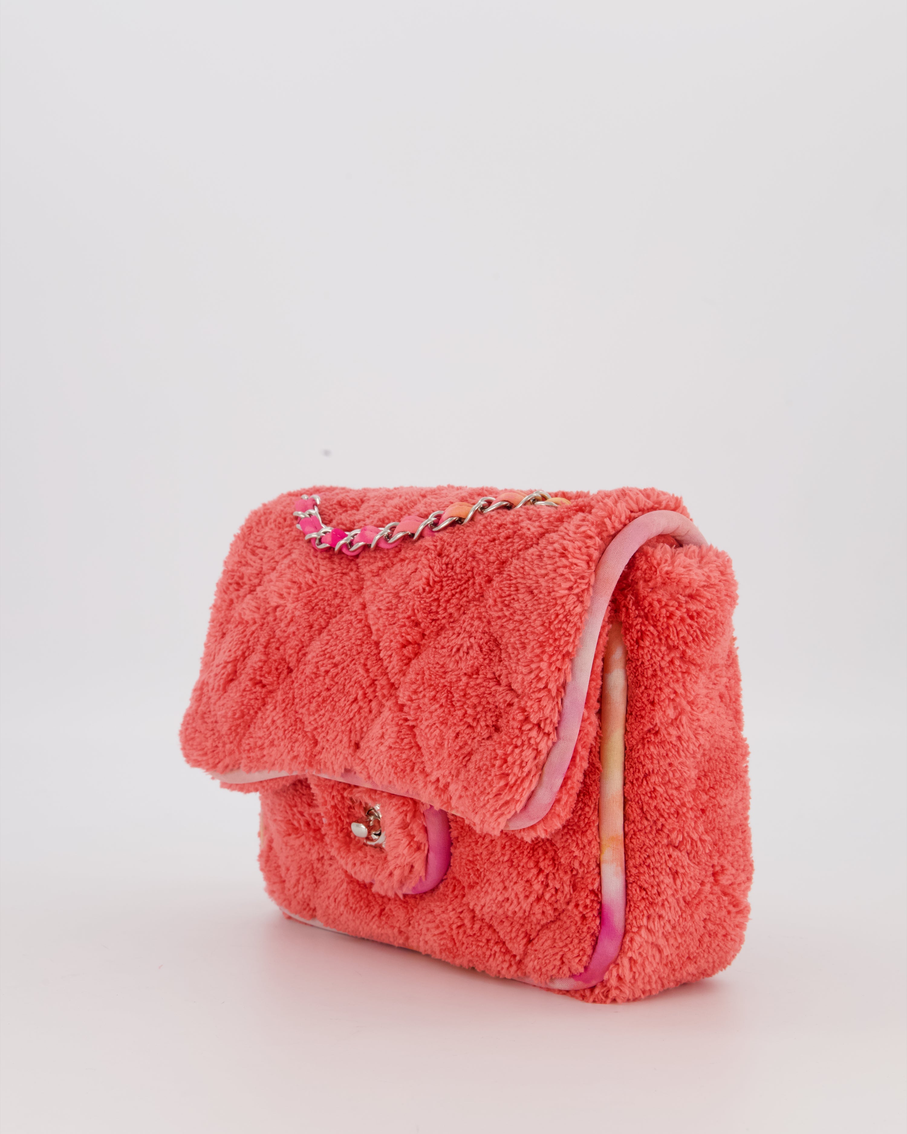 Chanel Pink Terry Cloth Quilted Square Flap Bag with Silver Hardware