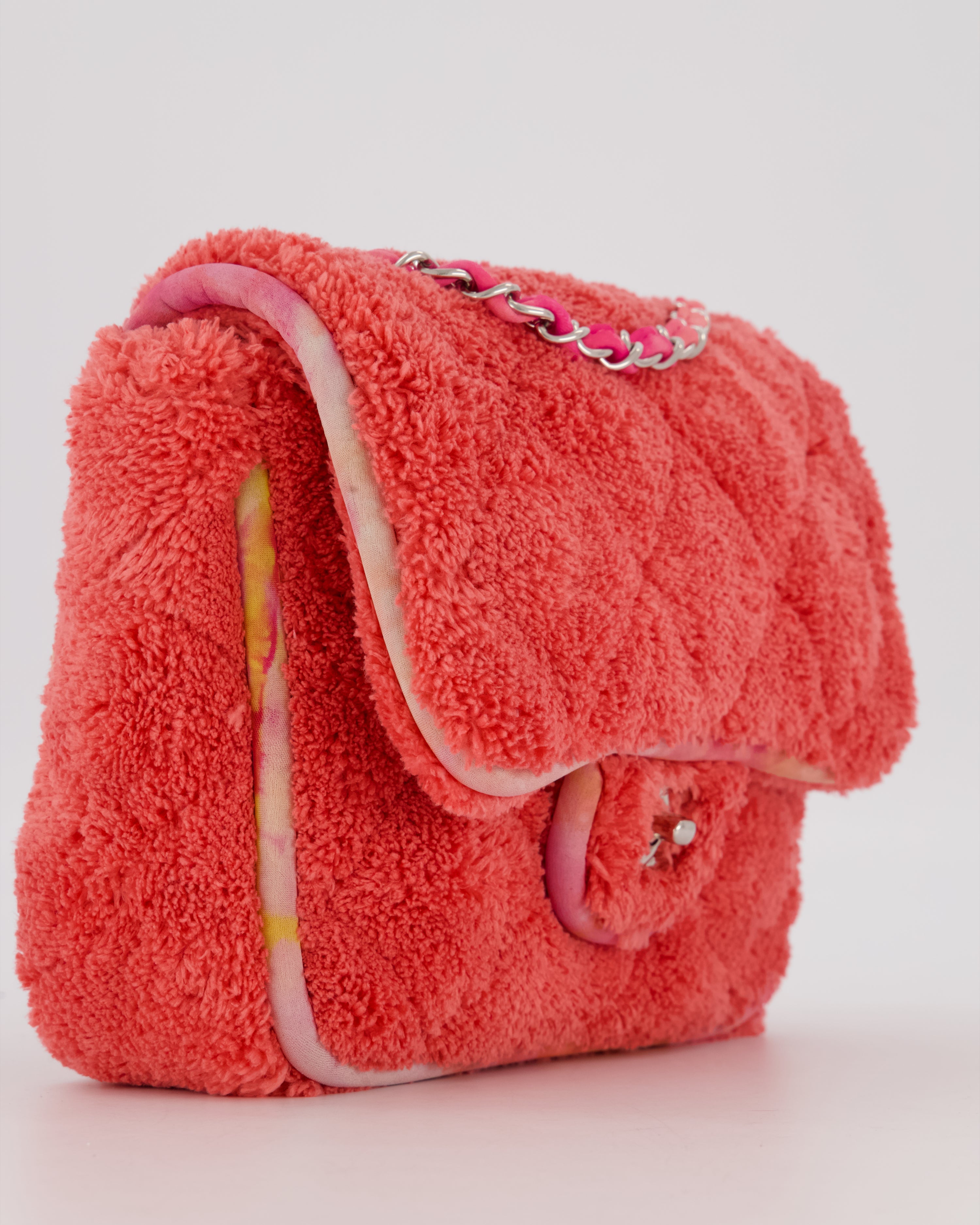 Chanel Pink Terry Cloth Quilted Square Flap Bag with Silver Hardware