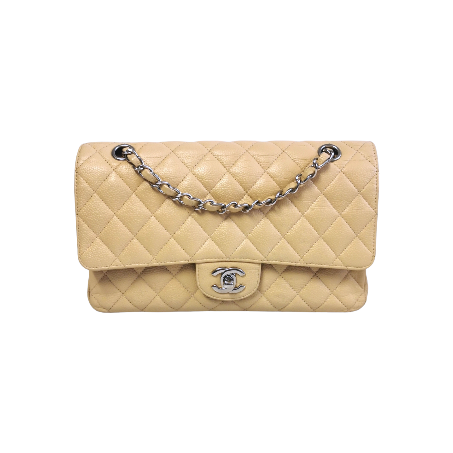 Chanel Classic Double Flap Medium Beige Caviar Silver
