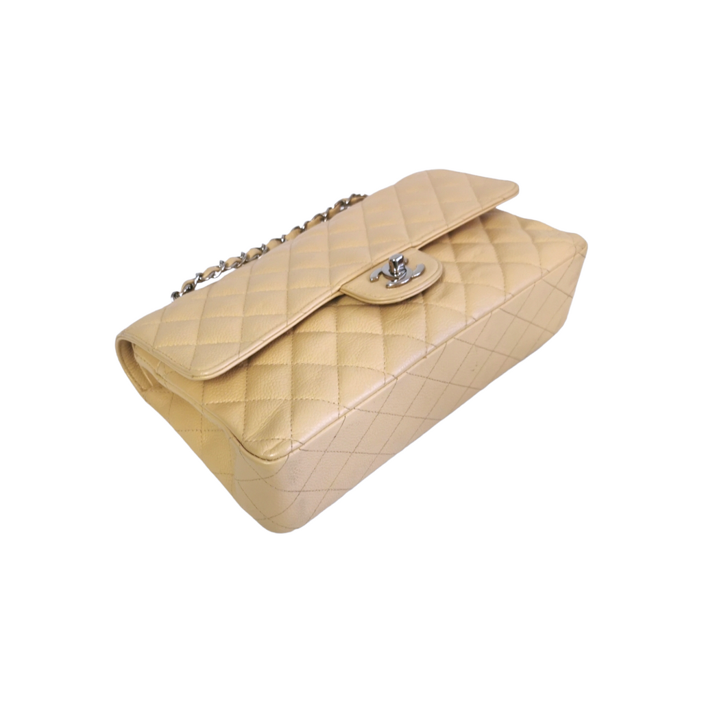 Chanel Classic Double Flap Medium Beige Caviar Silver